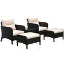 5 Pieces Rattan Wicker Lounge Chair Outdoor Patio Conversation Set with 2 Cushioned Chairs, 2 Ottomans and Tempered Glass Top Coffee Table