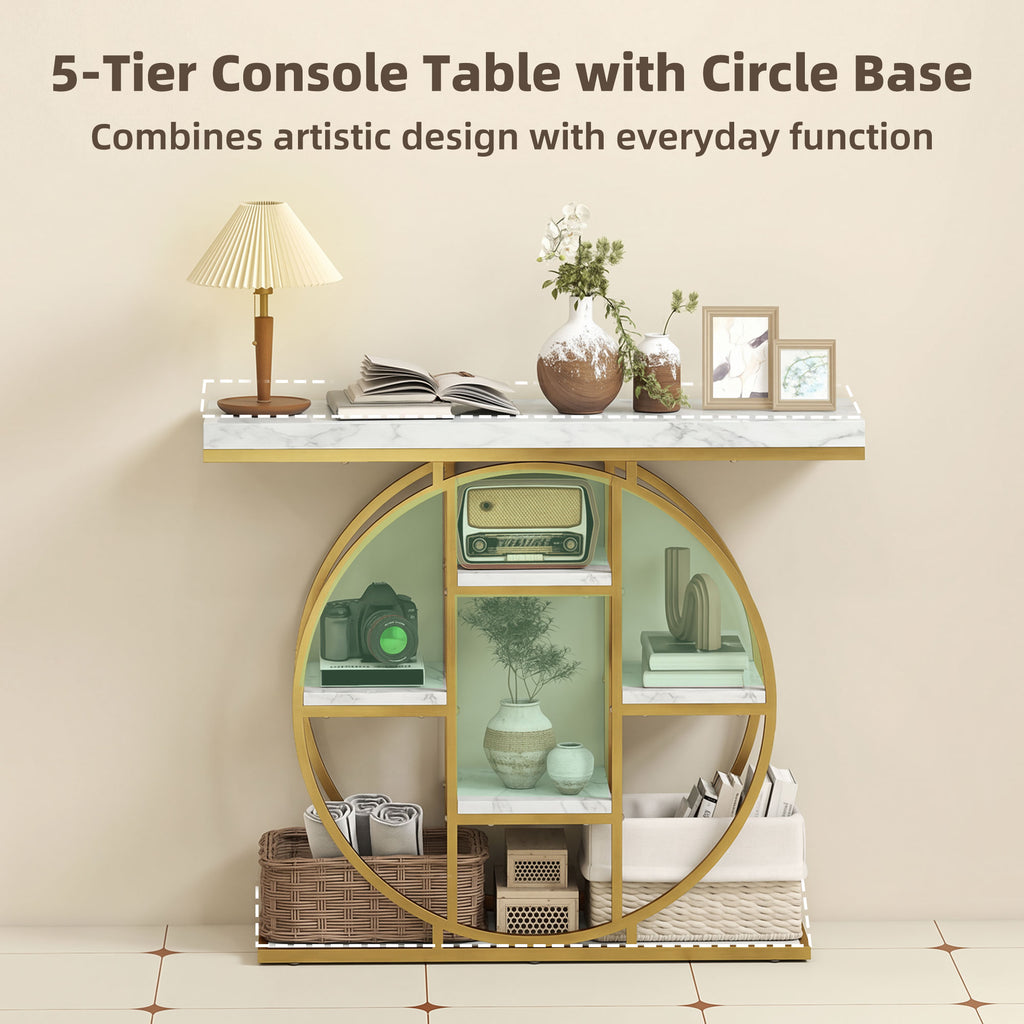 39.4" Console Table with Storage Shelves, Industrial Sofa Table for Living Room, Hallway, White Marble Effect