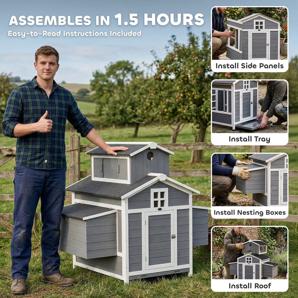 Chicken Coop for 2 Chickens, Wooden Hen House with Nesting Box, Pull-Out Tray, Ventilation Windows