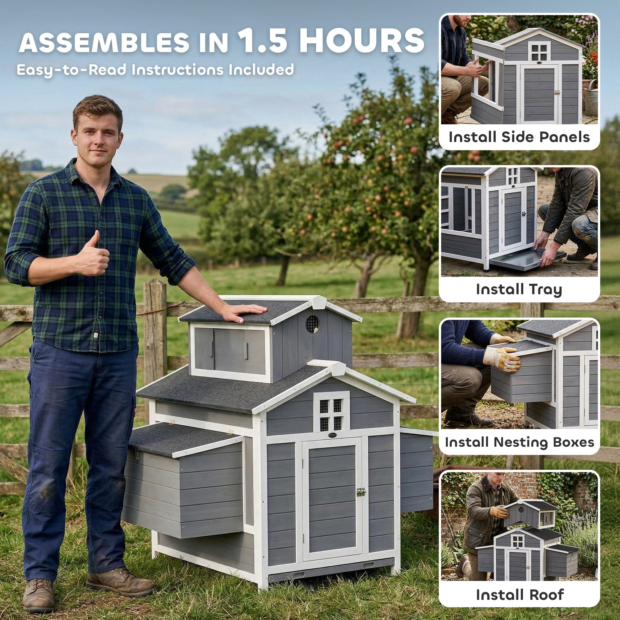 Chicken Coop for 2 Chickens, Wooden Hen House with Nesting Box, Pull-Out Tray, Ventilation Windows