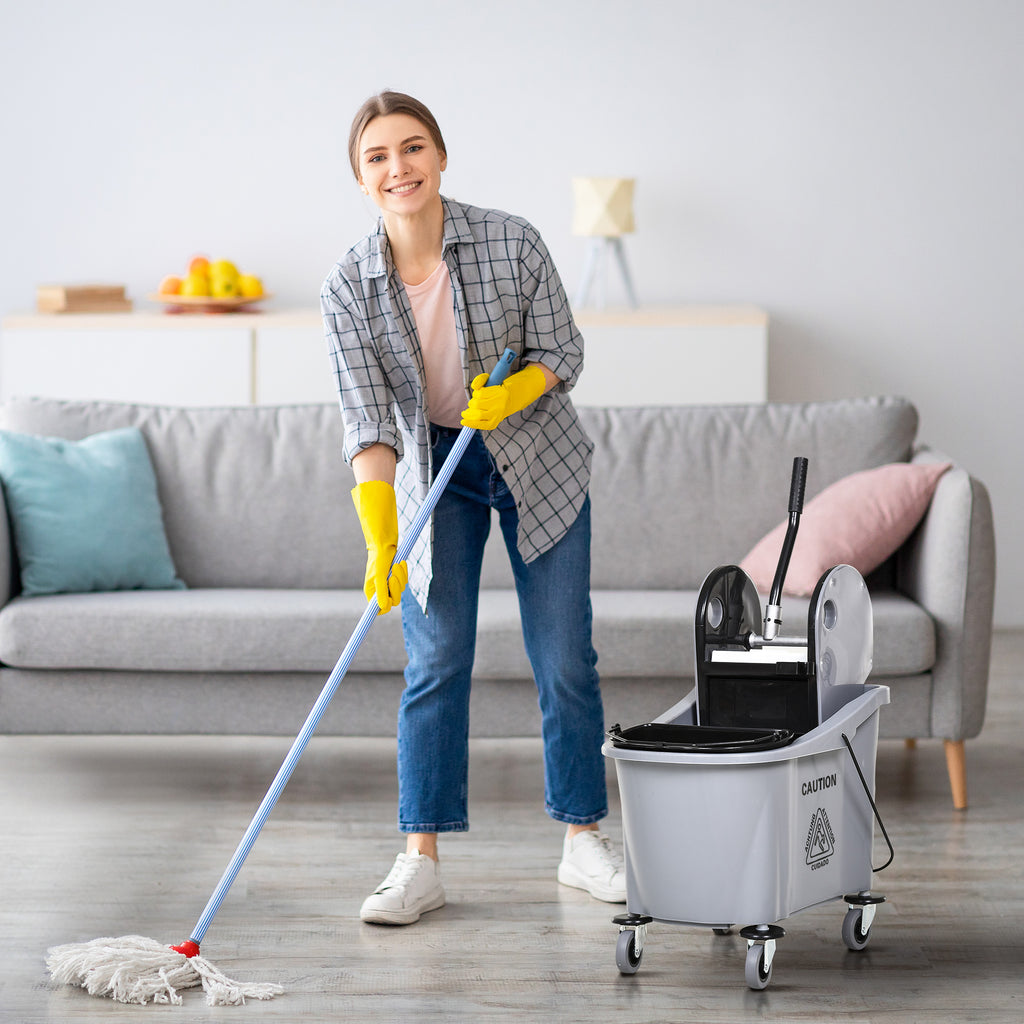 9.5 Gallon (38 Quart) Mop Bucket with Wringer Cleaning Cart, 4 Moving Wheels, Mop-Handle Holder & 2 Separate Buckets, Gray