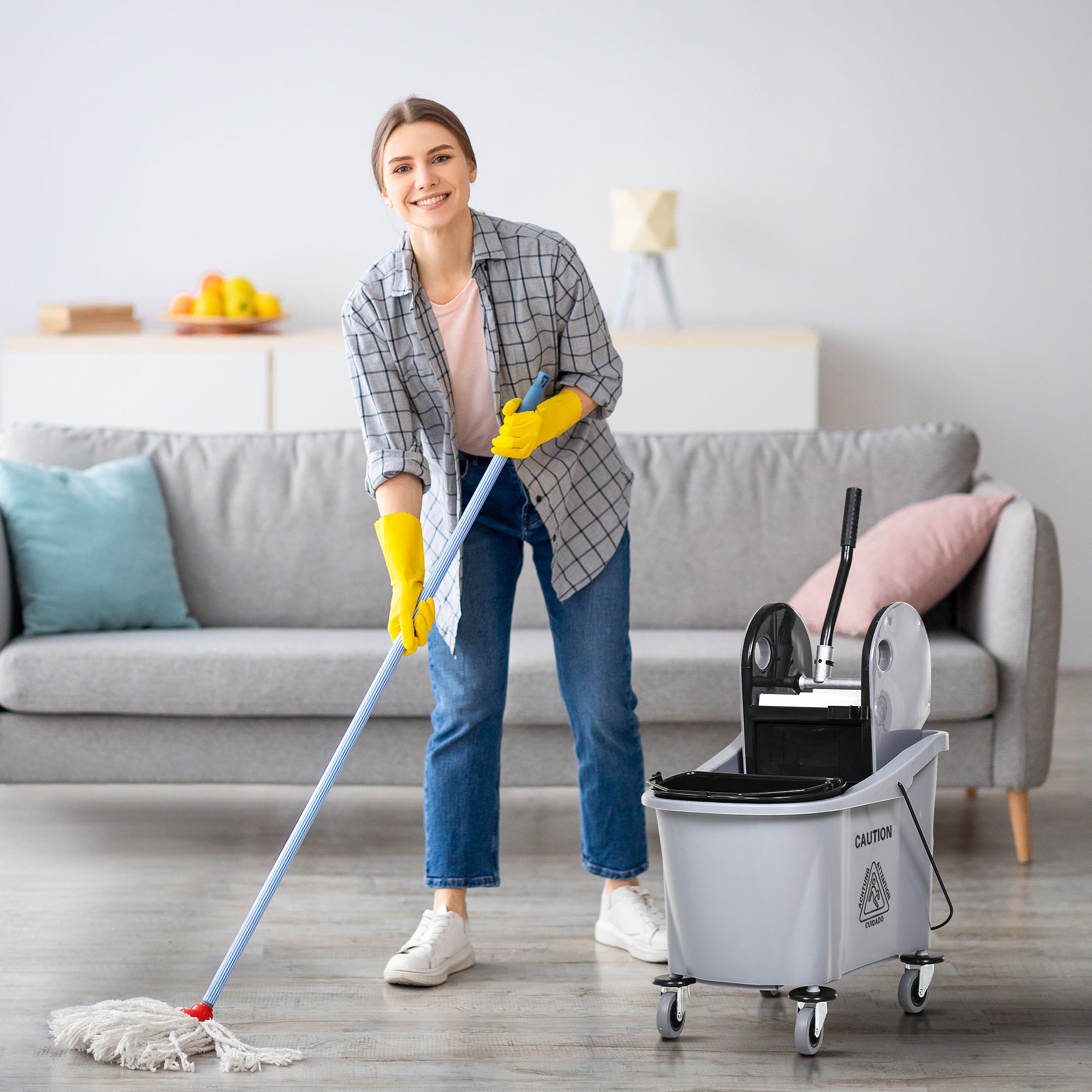 9.5 Gallon (38 Quart) Mop Bucket with Wringer Cleaning Cart, 4 Moving Wheels, Mop-Handle Holder & 2 Separate Buckets, Gray