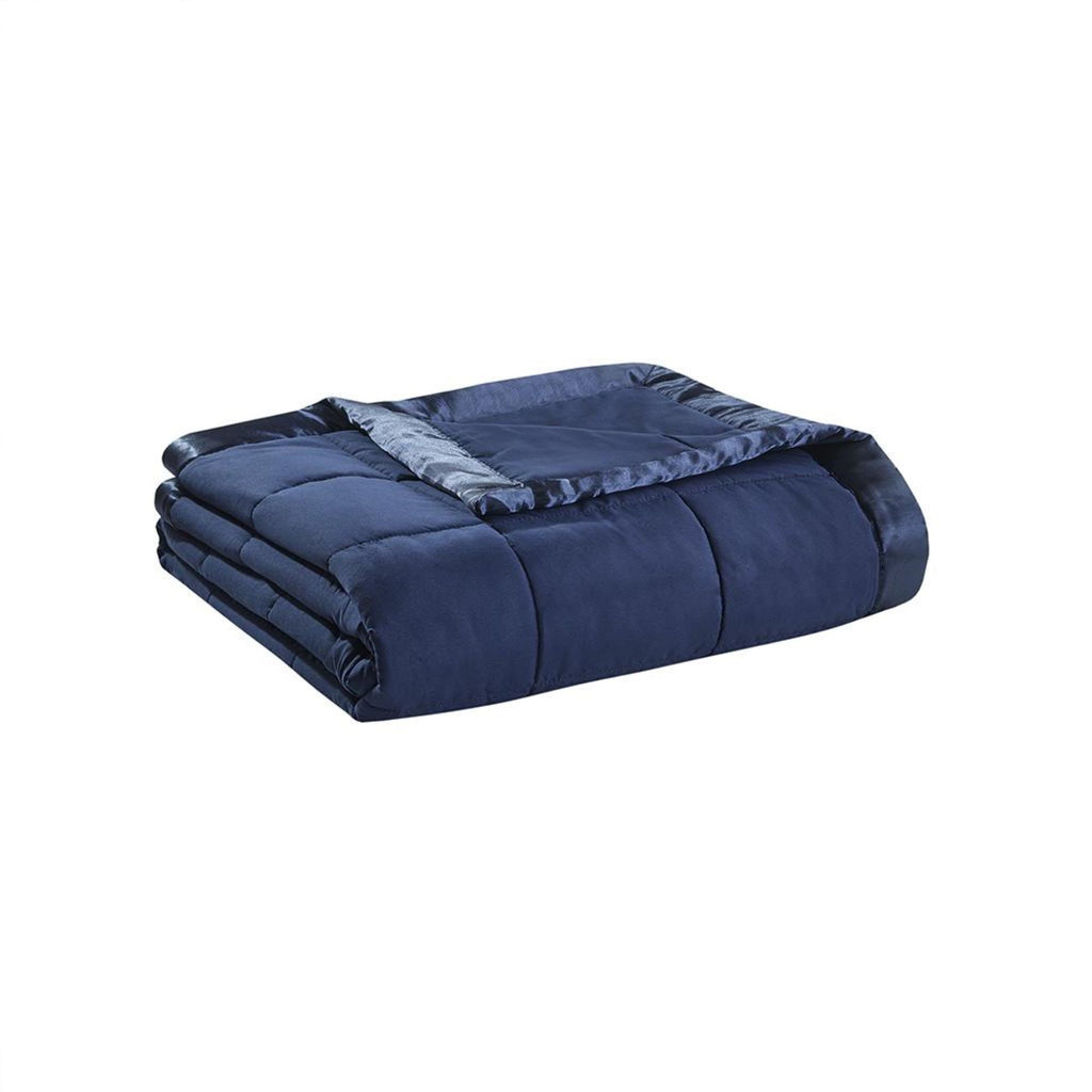 Hypoallergenic Lightweight Down Alternative Blanket with Satin Trim, 3M Scotchgard Treatment, Ideal for All Seasons, 90" L x 90" W x 0.25" H, Navy
