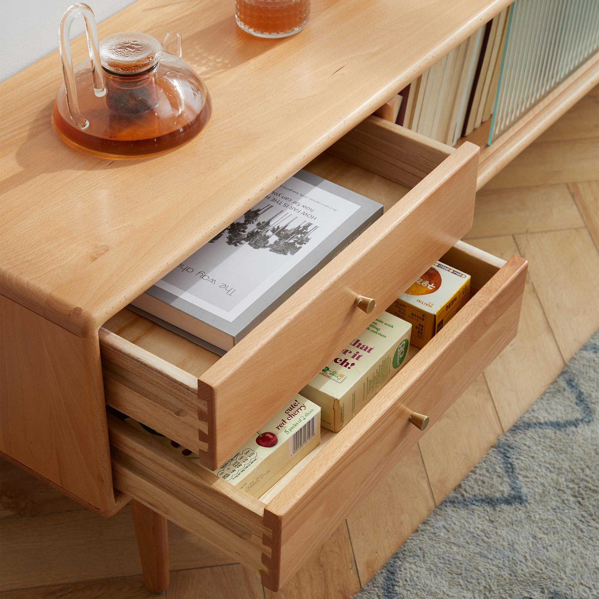 Modern TV Cabinet with High-Quality Glass Doors, Sturdy TV Stand with 2 Pull-Out Drawers, 71″ L x 12.5″ W x 16.5″ H, Natural Wood