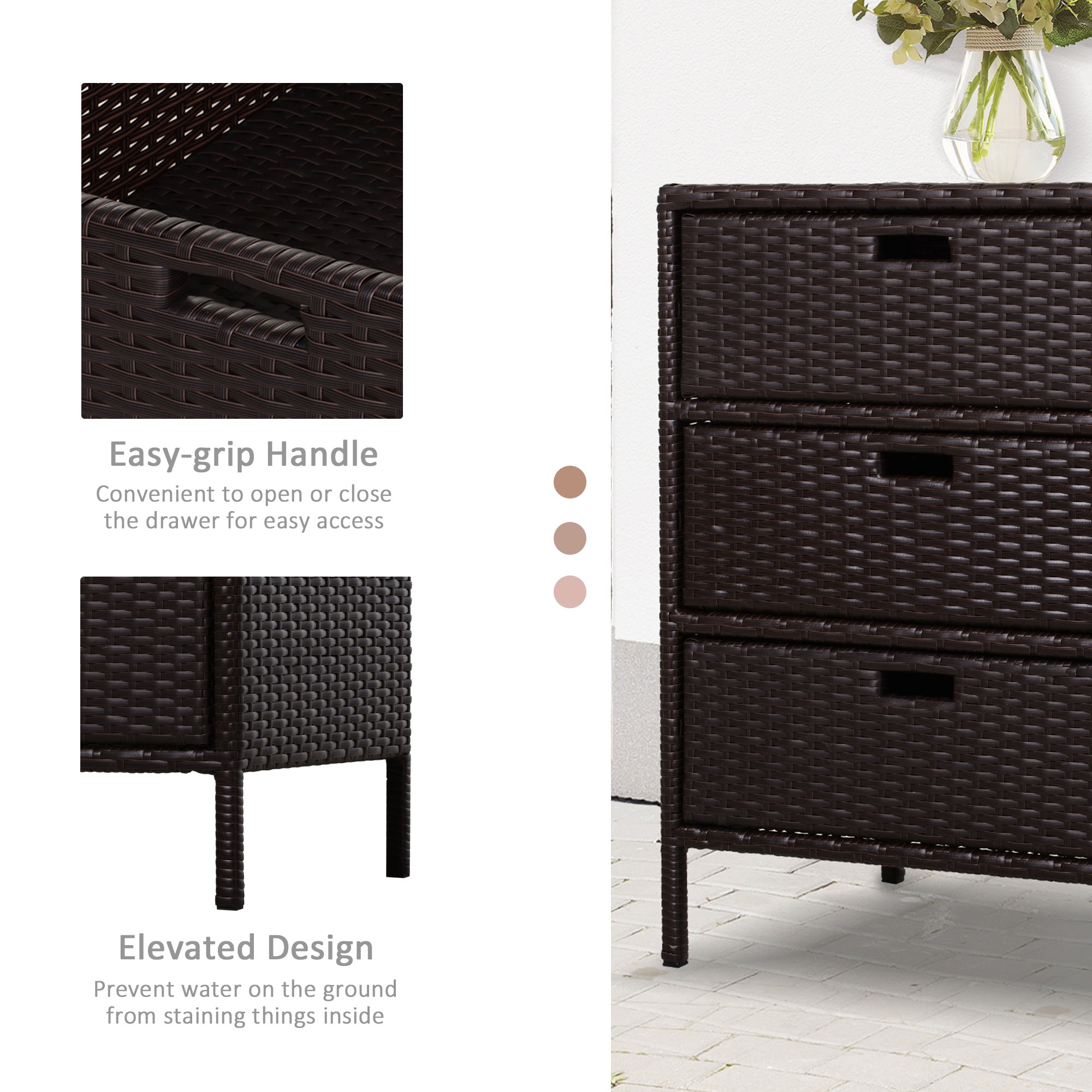 Patio PE Rattan Storage Cabinet, Wicker Pool Cabinet Organizer, Outdoor Towel Rack for Pool with 3 Drawers, Brown