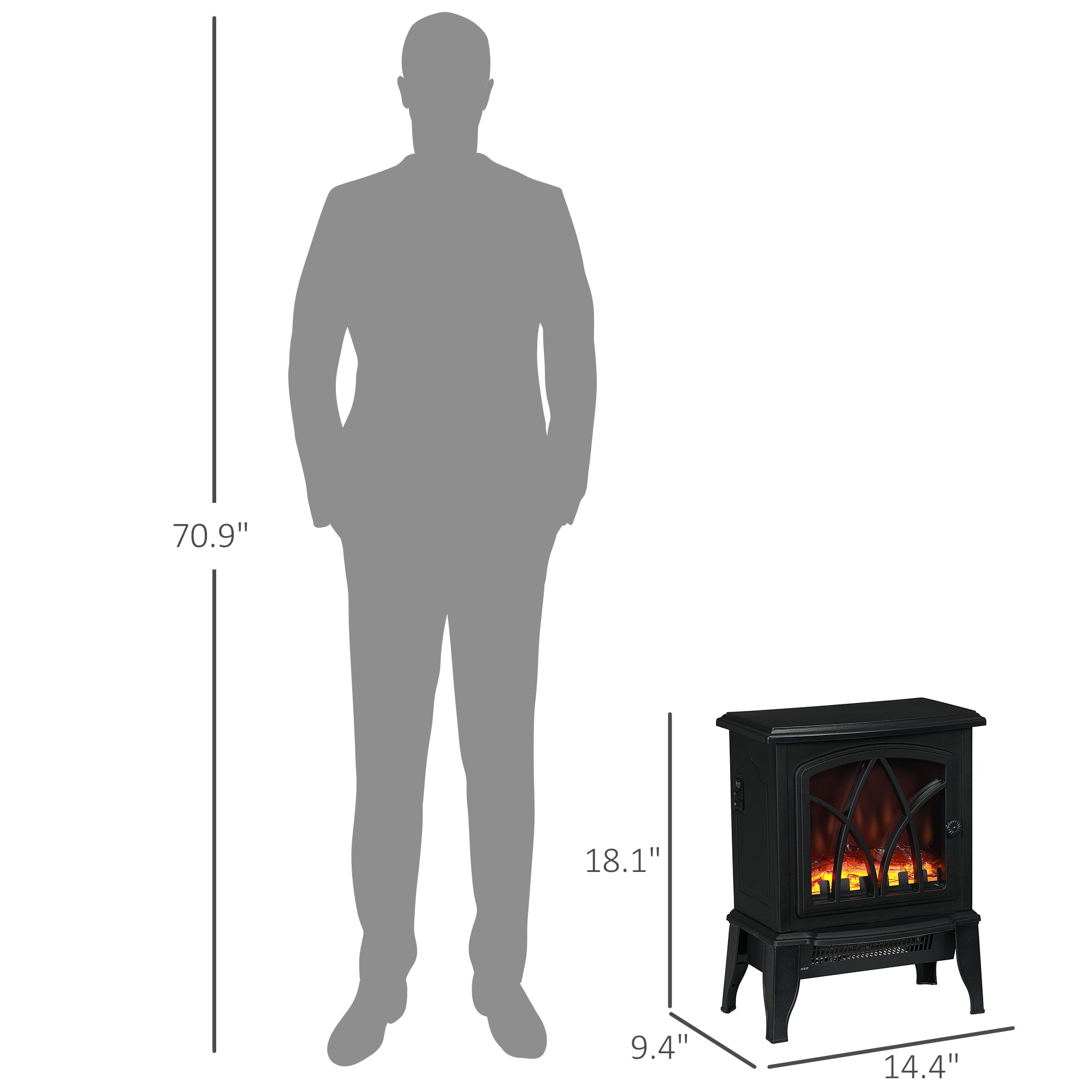 Electric Fireplace Heater, Freestanding Fireplace Stove with Realistic Flames Overheating Protection 750W/1500W, Black
