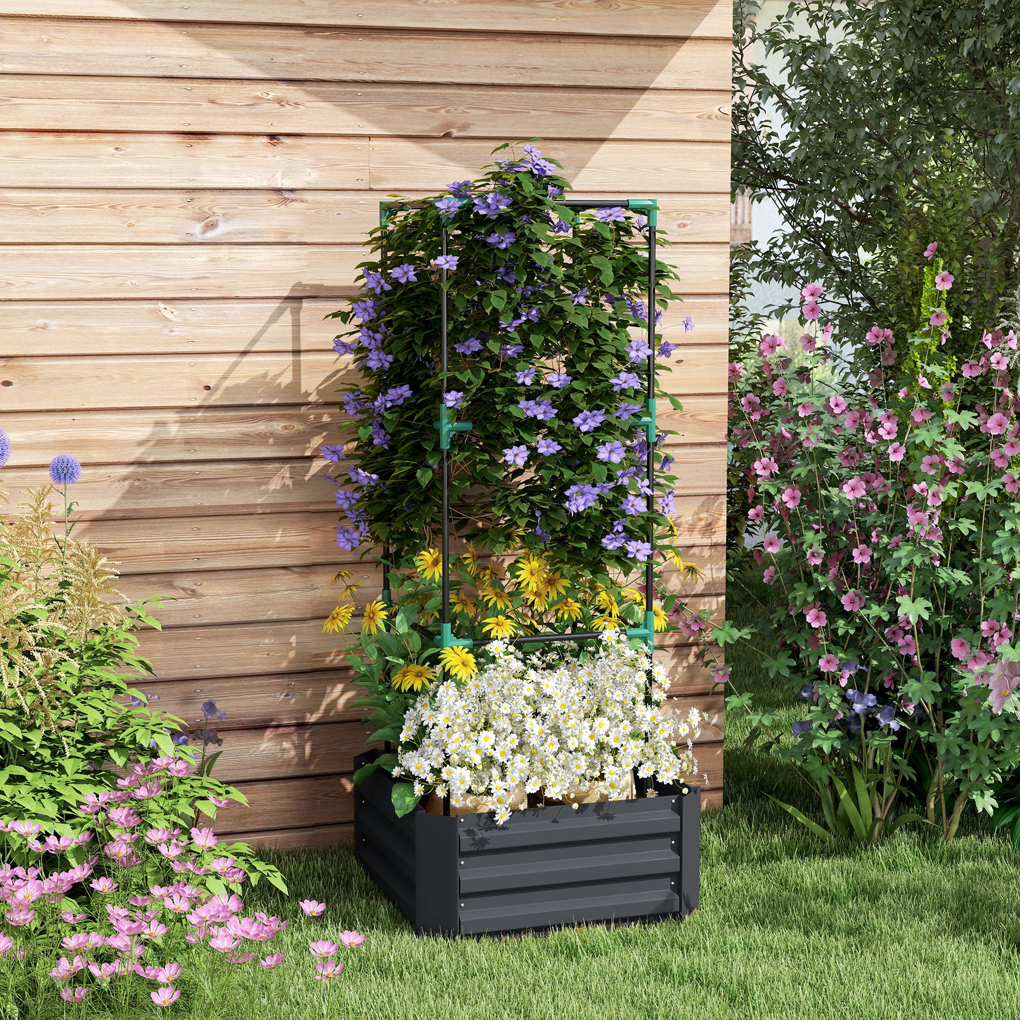 Galvanized Planter Box, 24" x 24" x 55" Raised Garden Bed with Tomato Cage for Climbing Vines, Dark Gray