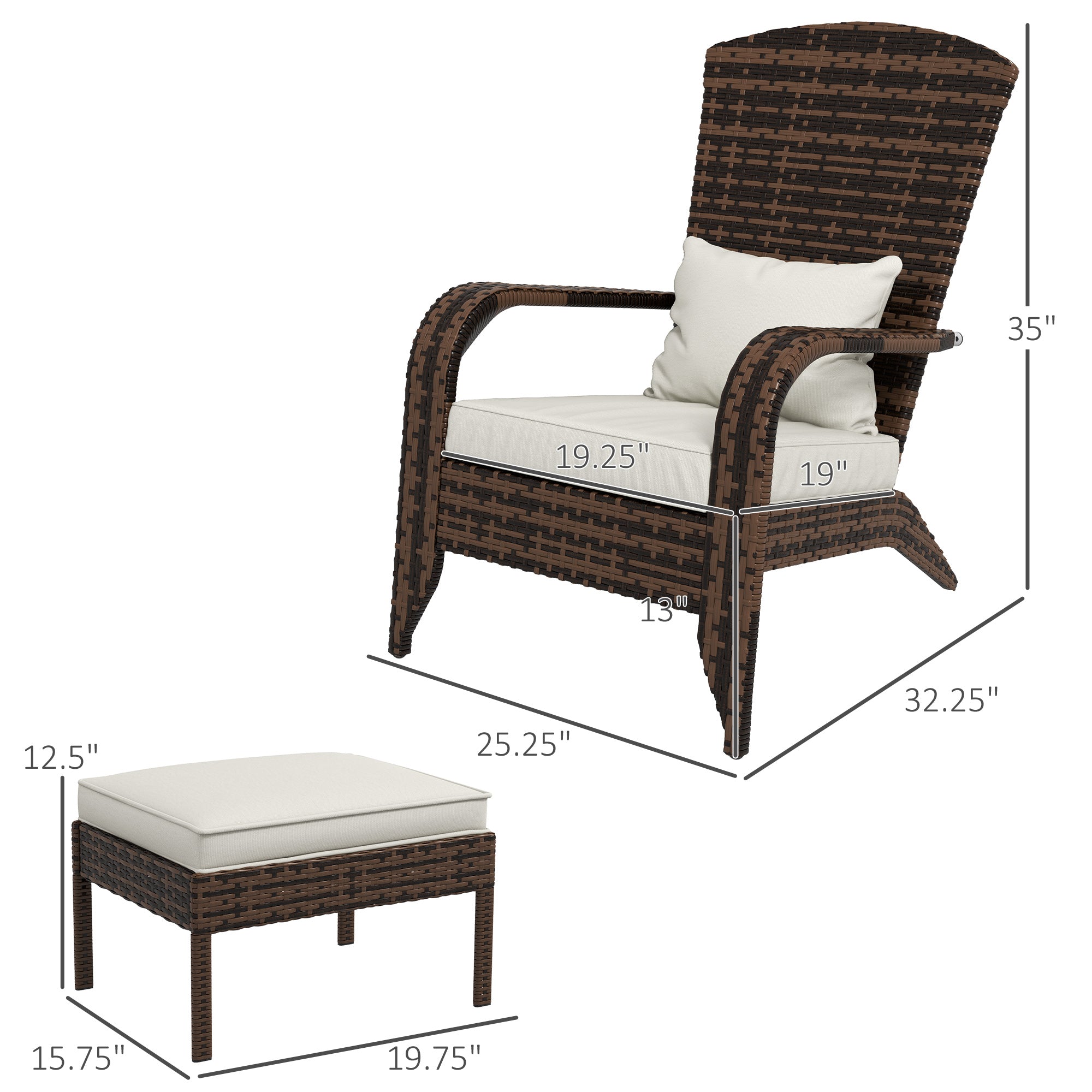 Wicker Adirondack Chair Fire Pit Chair w/ Ottoman & Cushions, White