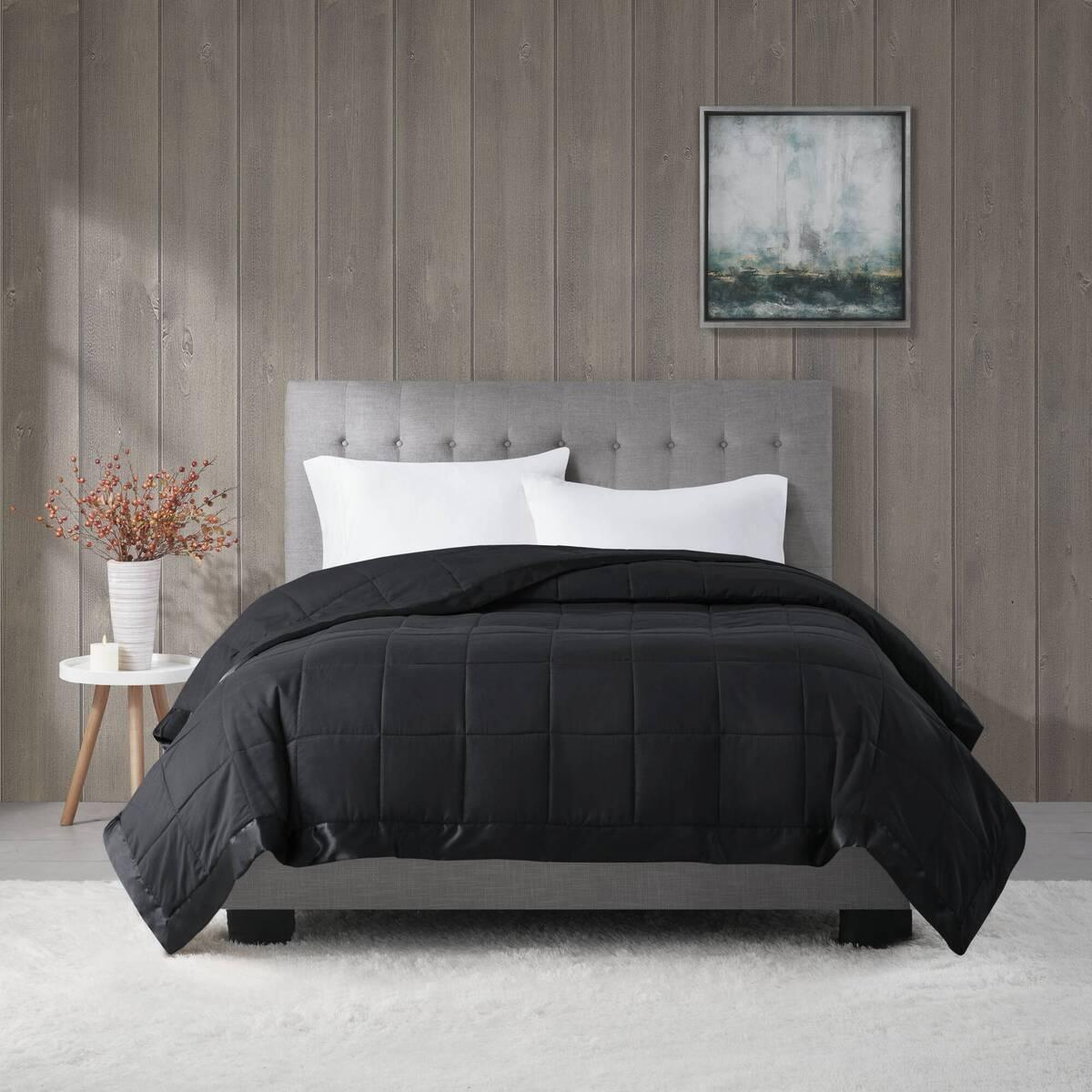 Full/Queen Size Lightweight Down Alternative Blanket with Satin Trim, Hypoallergenic Polyester, Machine Washable, 90" L x 90" W x 0.25" H, Black
