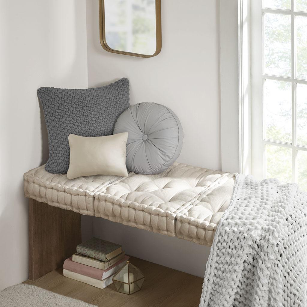 Textured Chenille Square Floor Pillow Cushion with Tufted Detailing, 100% Hypoallergenic Polyester, Scalloped Edge, 20" L x 20" W x 5" H, Ivory