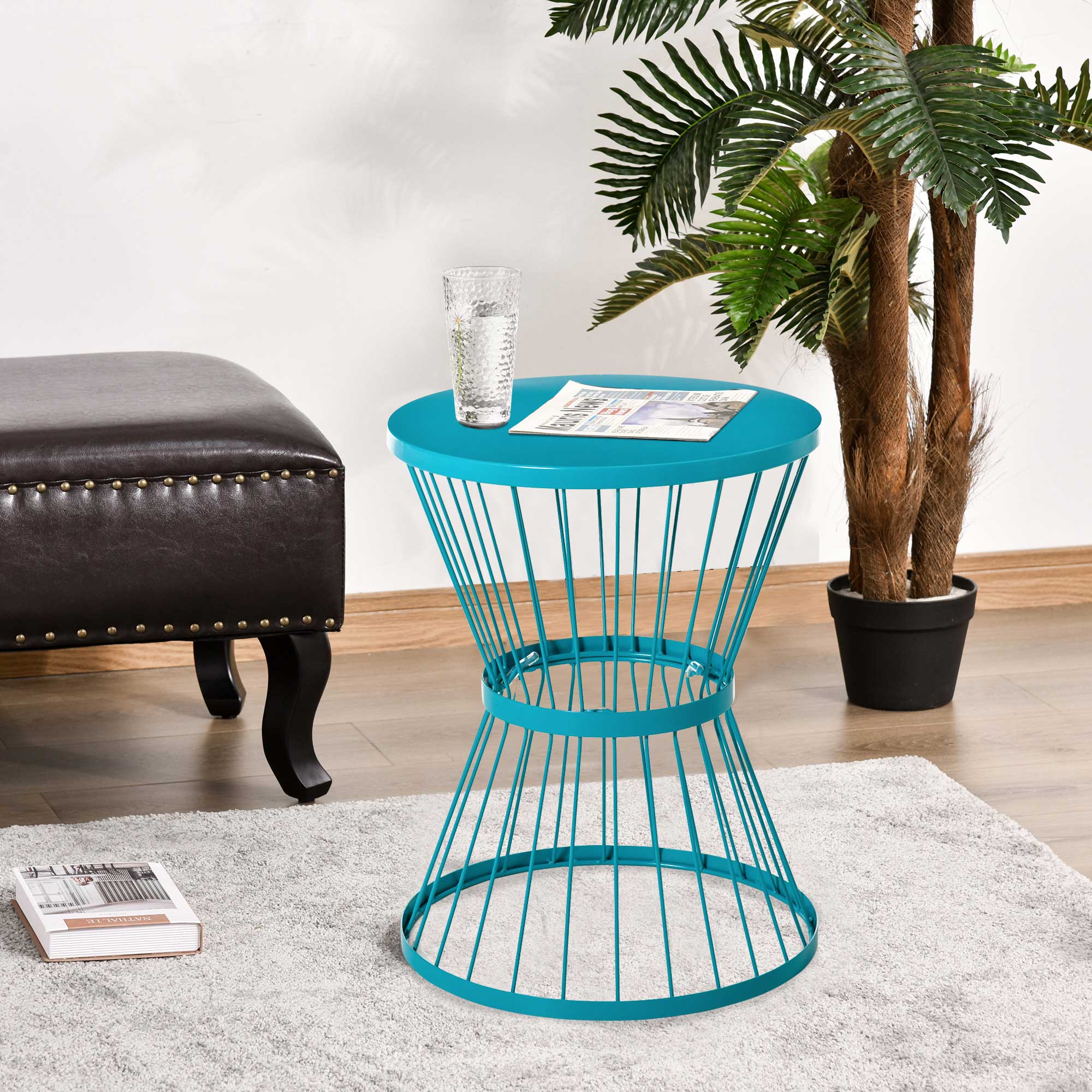 16" Patio Side Table, Garden End Table with Hourglass Design, Steel Accent Table for Outdoor and Indoor Use, Blue