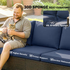3 Seater Outdoor Couch Sofa, PE Wicker Patio Sofa, Wide Deep Seat, 4" Cushions, Wood-Effect Armrests Legs, Dark Blue