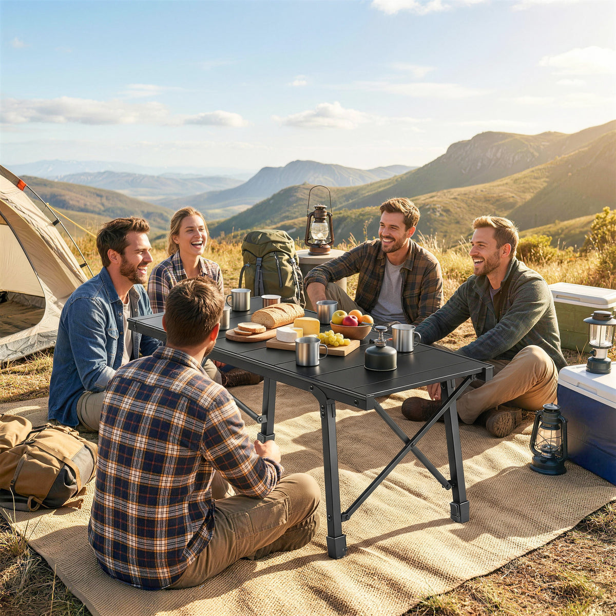 Adjustable Height Folding Picnic Table with Removable Plates, Aluminum Camping Table, Black