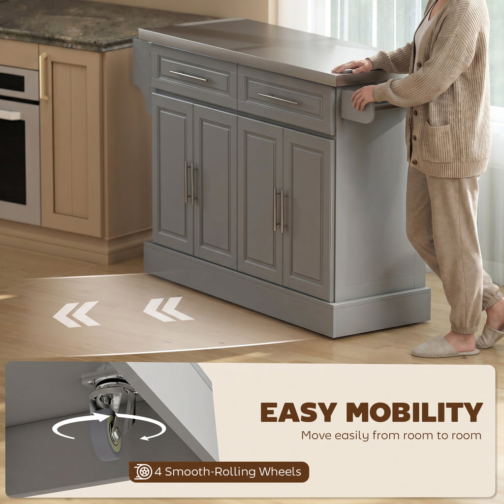 Rolling Kitchen Island Cart with 47" Stainless Steel Top, Portable Island Table for Kitchen with Wheels, Adjustable Shelves, 2 Drawers, Spice, Knife and Towel Rack, Gray