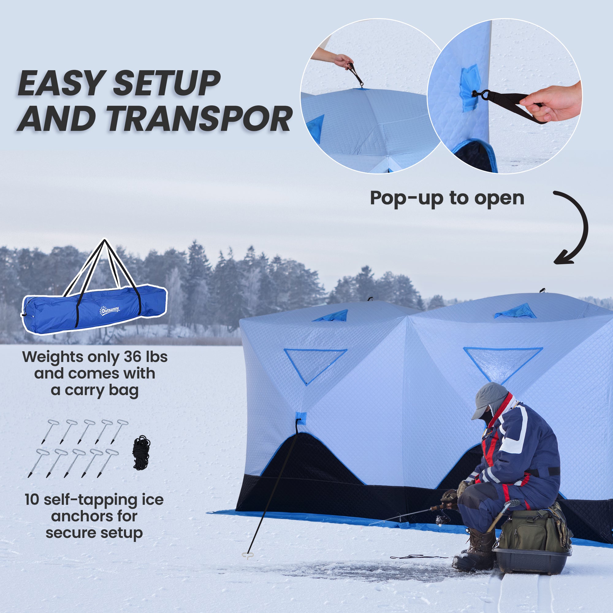8 Person Ice Fishing Shelter, Pop-Up Ice Shanty Tent, Insulated Portable Tent with 2 Doors & Carrying Bag, Light Blue