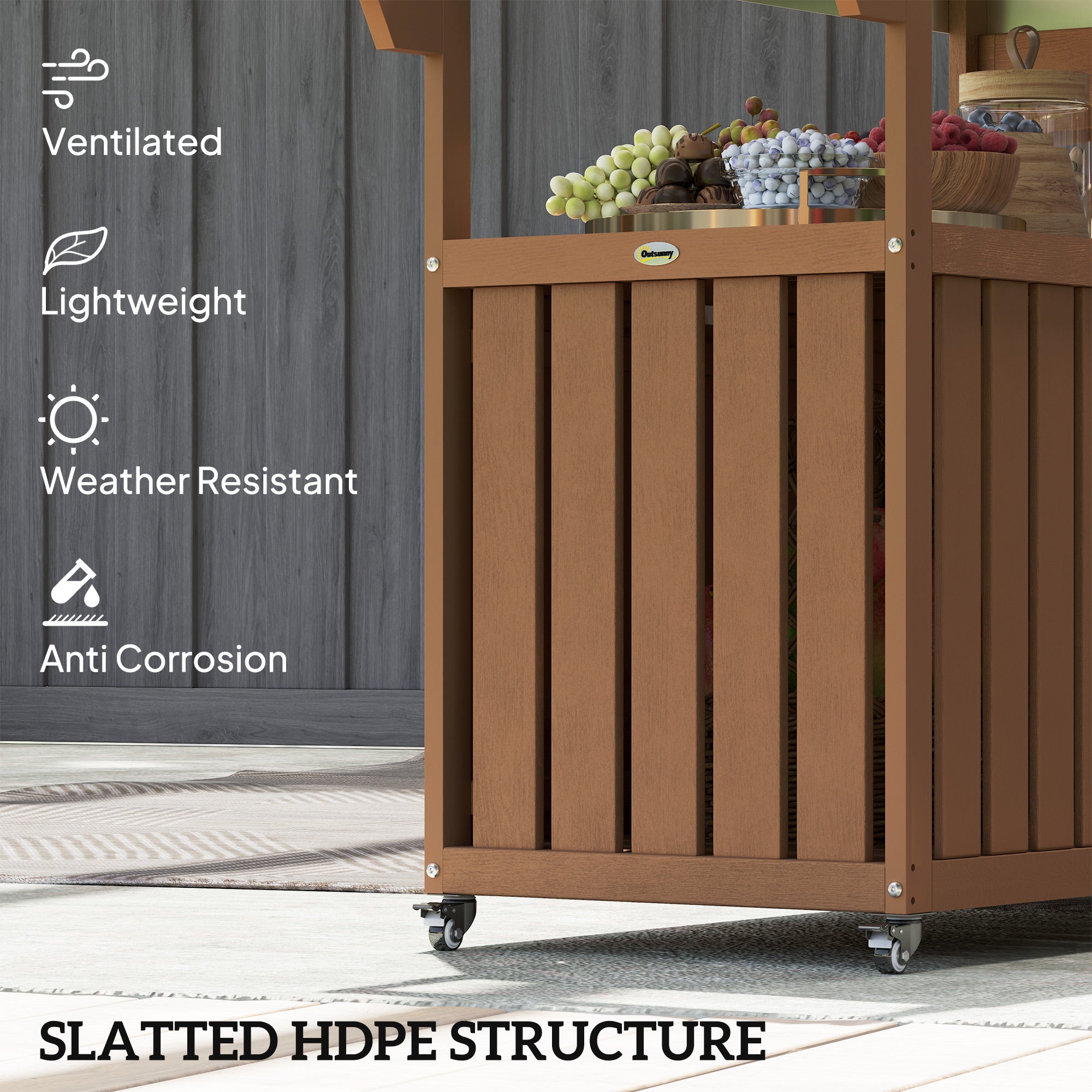 Outdoor Bar Cart with Storage, Stainless Steel Outdoor Bar Table Top, Wheeled HDPE Kitchen Island for Food Prep, Brown