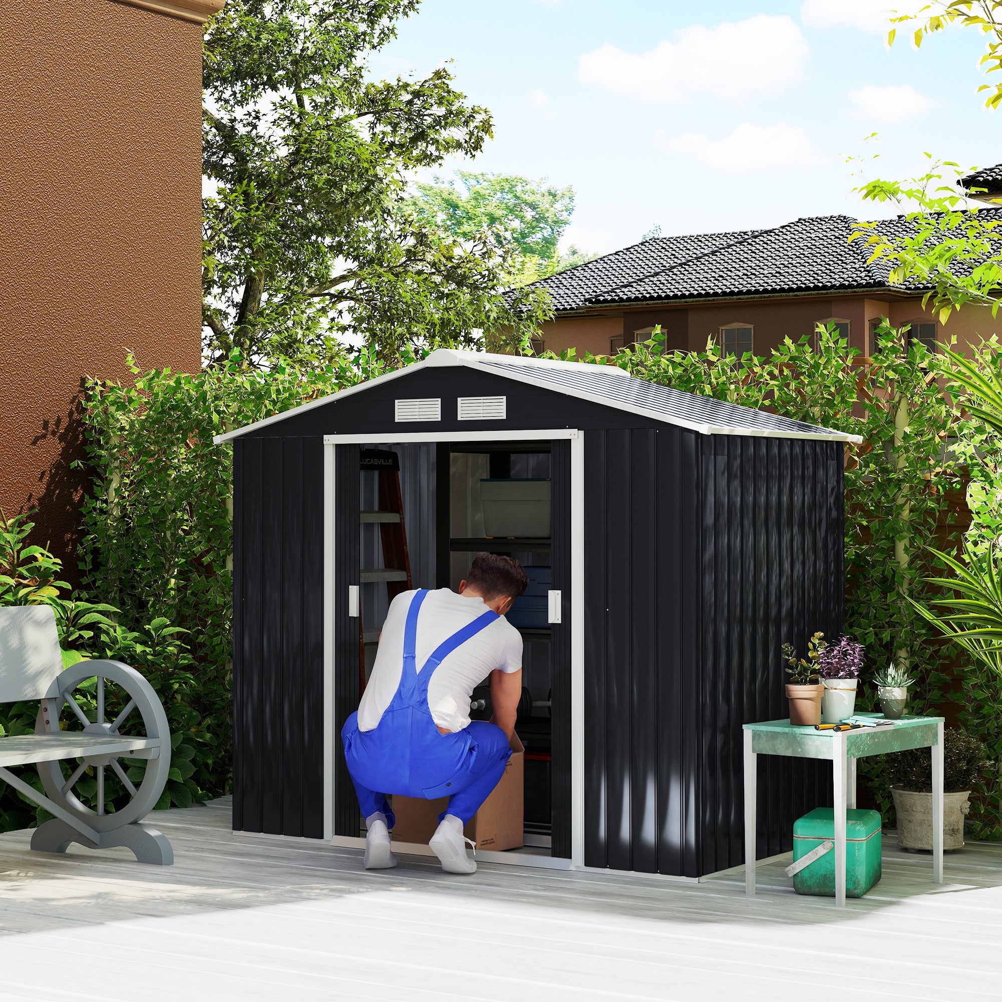 7'x4' Metal Outdoor Shed Organizer & Garden Storage with 4 Vents for Airflow & 2 Easy Sliding Doors - Dark Gray