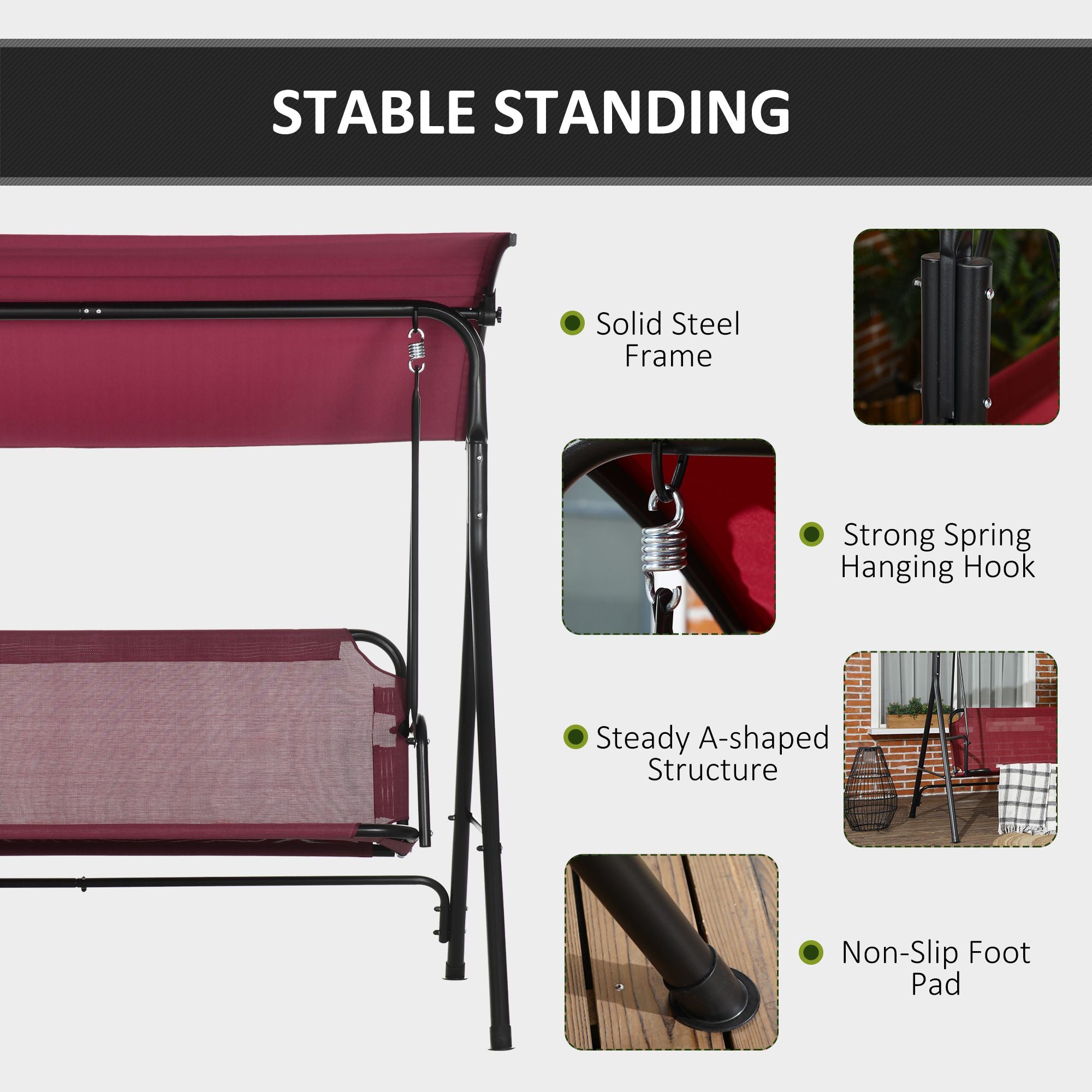 3-Person Porch Swing with Stand, Outdoor Swing for Patio Porch with Adjustable Tilt Canopy and Comfortable Swing Bench-Style Seat, Steel Frame, Wine Red