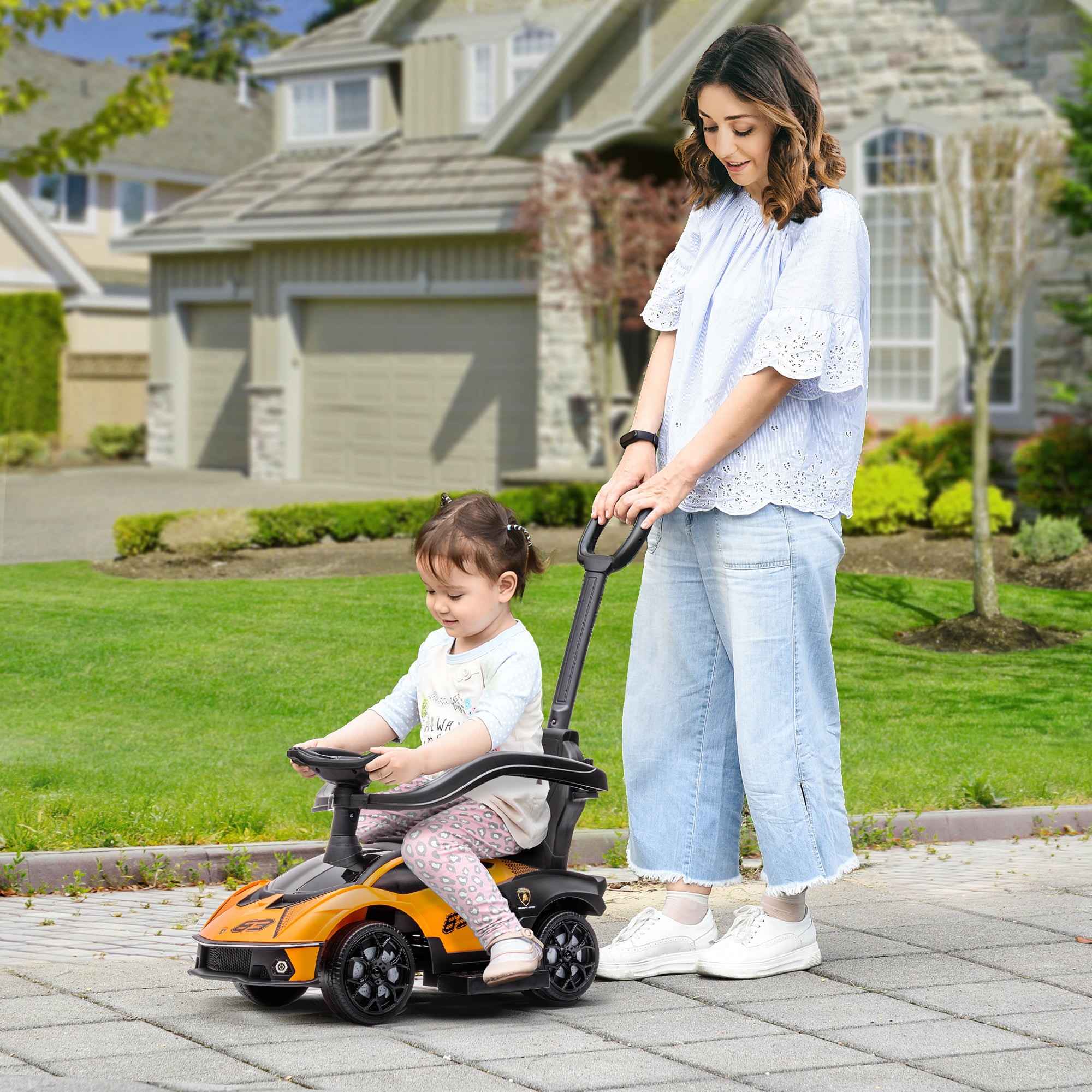 2-in-1 Ride On Push Car for Toddlers 1-3, Licensed Stroller Sliding Car, Push-Along with Under Seat Storage Horn Engine Sound and Steering Wheel, Manual, Orange