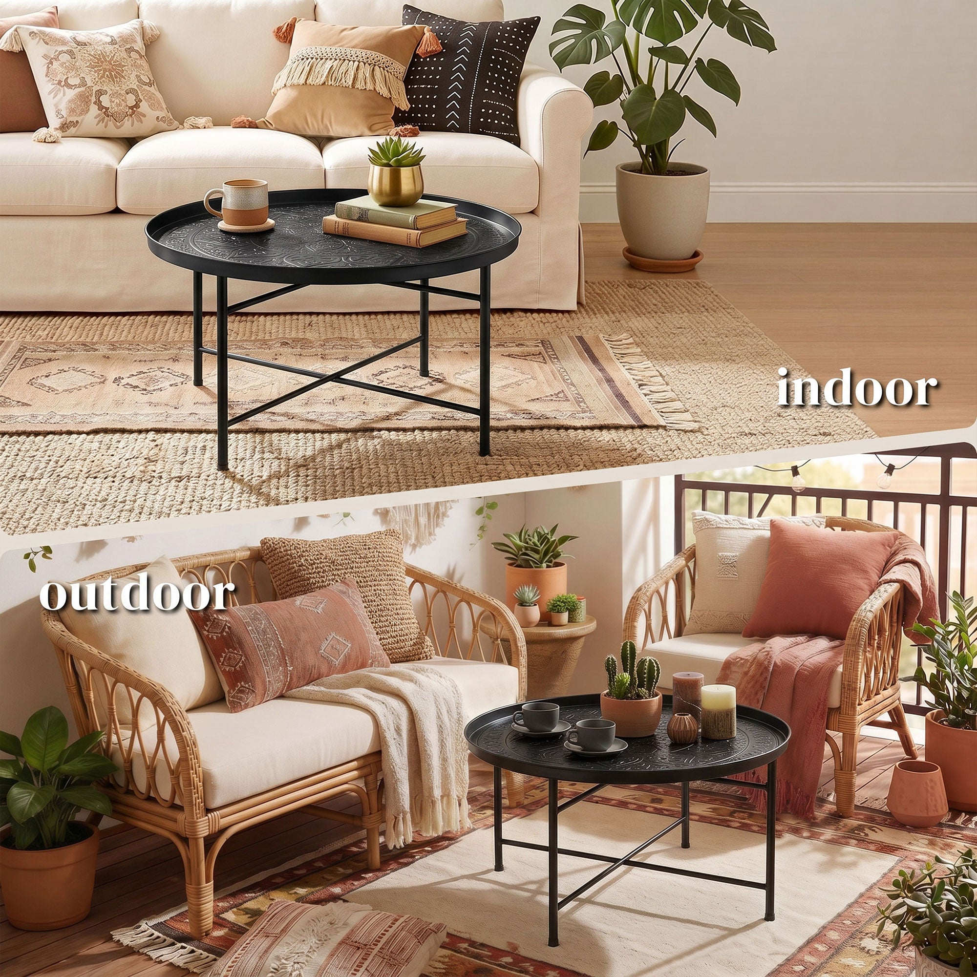 Coffee Table for Living Room, 24" Round Center Table with Hammered Tray Top and Metal Frame for Bedroom, Black