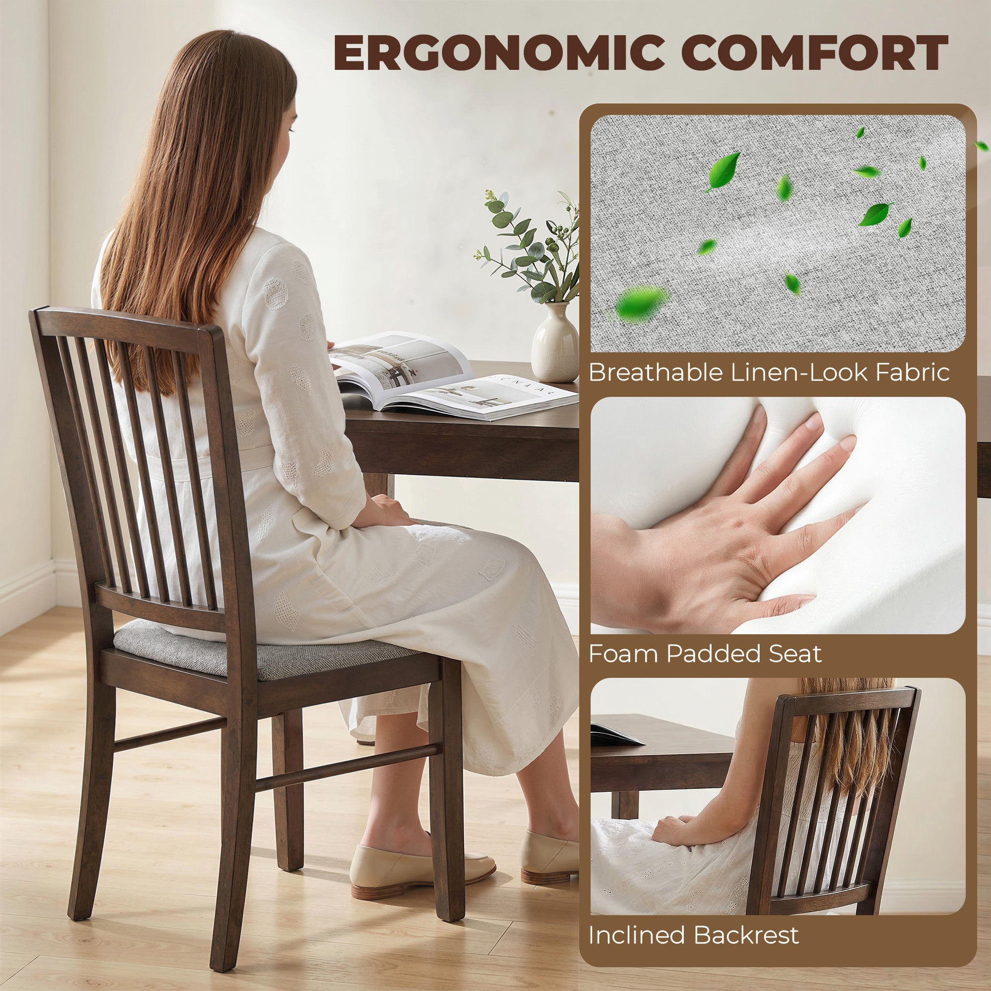Dining Chairs Upholstered Kitchen Chairs with Rubberwood Legs Set of 2, Burn Brown