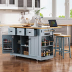 Kitchen Island Cart with Drop Leaf, Power Outlet, Internal Storage Rack, Rolling on 5 Wheels, Adjustable Shelves, and Bamboo Sticks, Gray+Blue