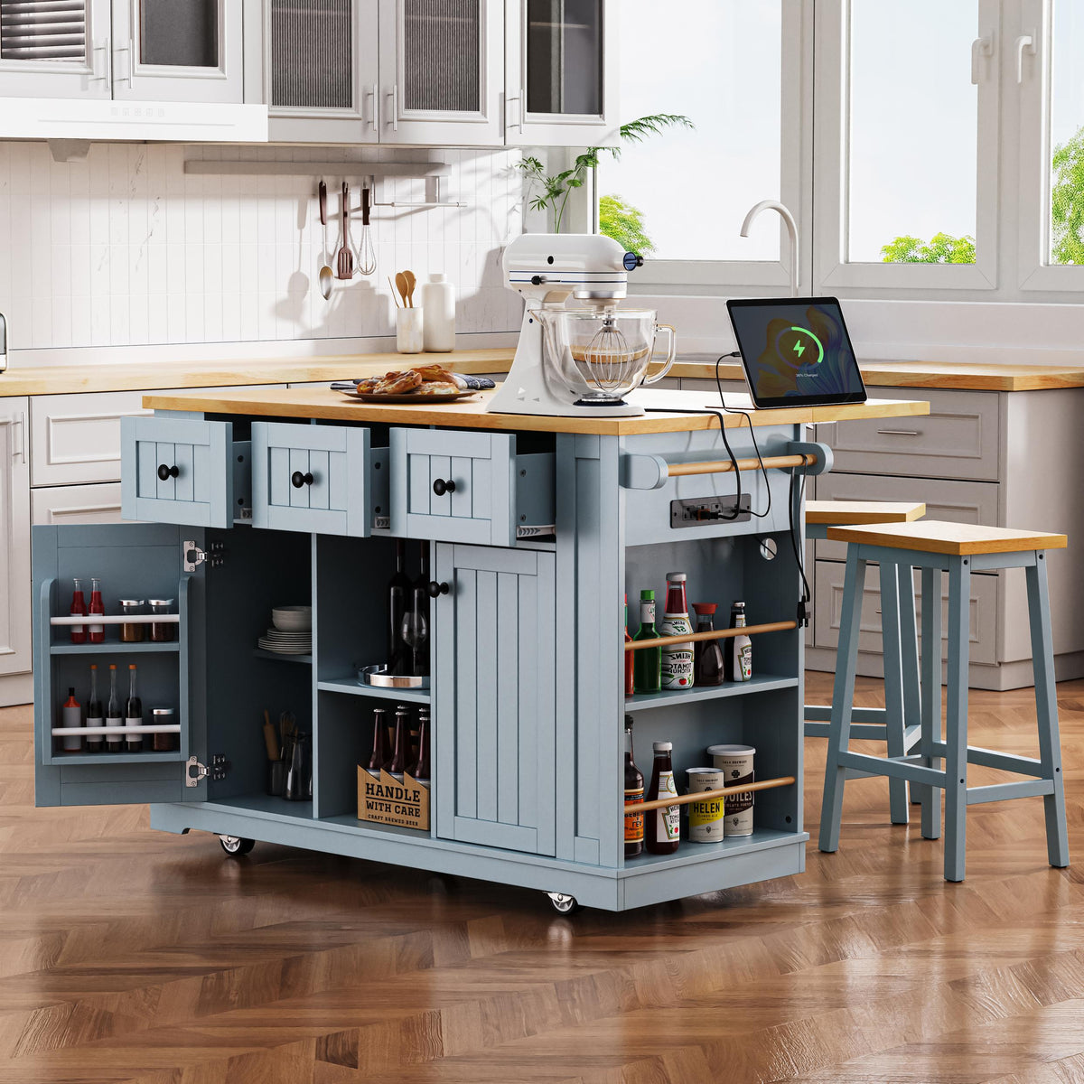 Kitchen Island Cart with Drop Leaf, Power Outlet, Internal Storage Rack, Rolling on 5 Wheels, Adjustable Shelves, and Bamboo Sticks, Gray+Blue