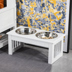 6" Height Small Puppy Dog Feeding Station for Messy Pets, Stainless Steel Elevated Dog Bowls with Modern Wooden Frame, Dog Food Stand Pet Feeding Station, White