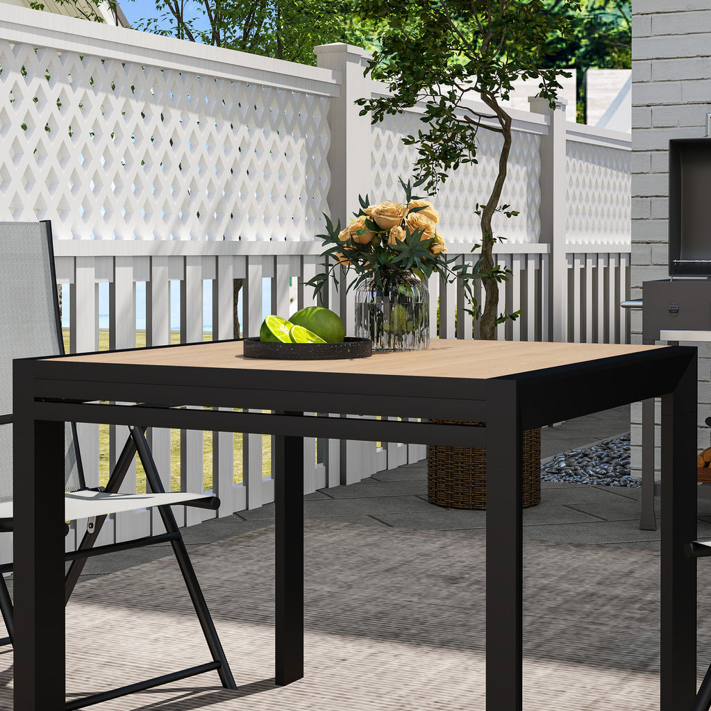 35.5"-71" Expandable Outdoor Dining Table for 4-6 People, Aluminum Patio Table with Slatted Wood Grain Top, Natural