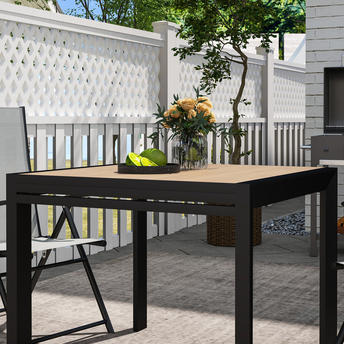 35.5"-71" Expandable Outdoor Dining Table for 4-6 People, Aluminum Patio Table with Slatted Wood Grain Top, Natural