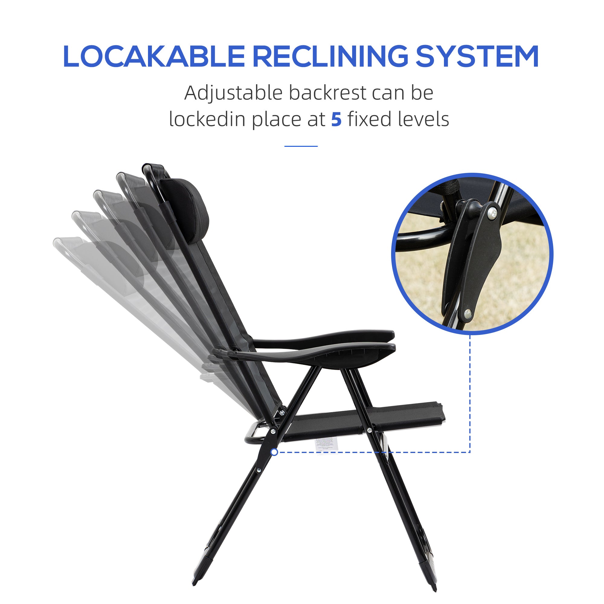 Folding Patio Dining Chairs Set of 2, Outdoor Deck Chair with Adjustable Sling Back, Camping Chair with Removable Headrest for Garden, Backyard, Lawn, Black
