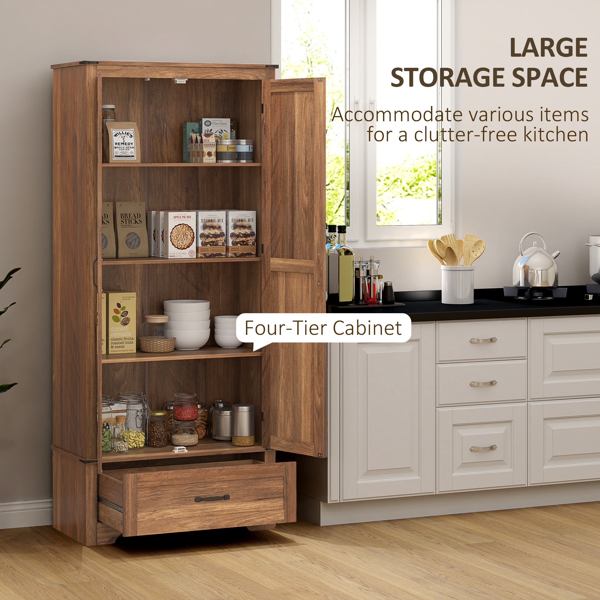 72" Farmhouse Pantry Cabinet with Adjustable Shelves, Kitchen Pantry Cabinet with 2 Doors, Brown
