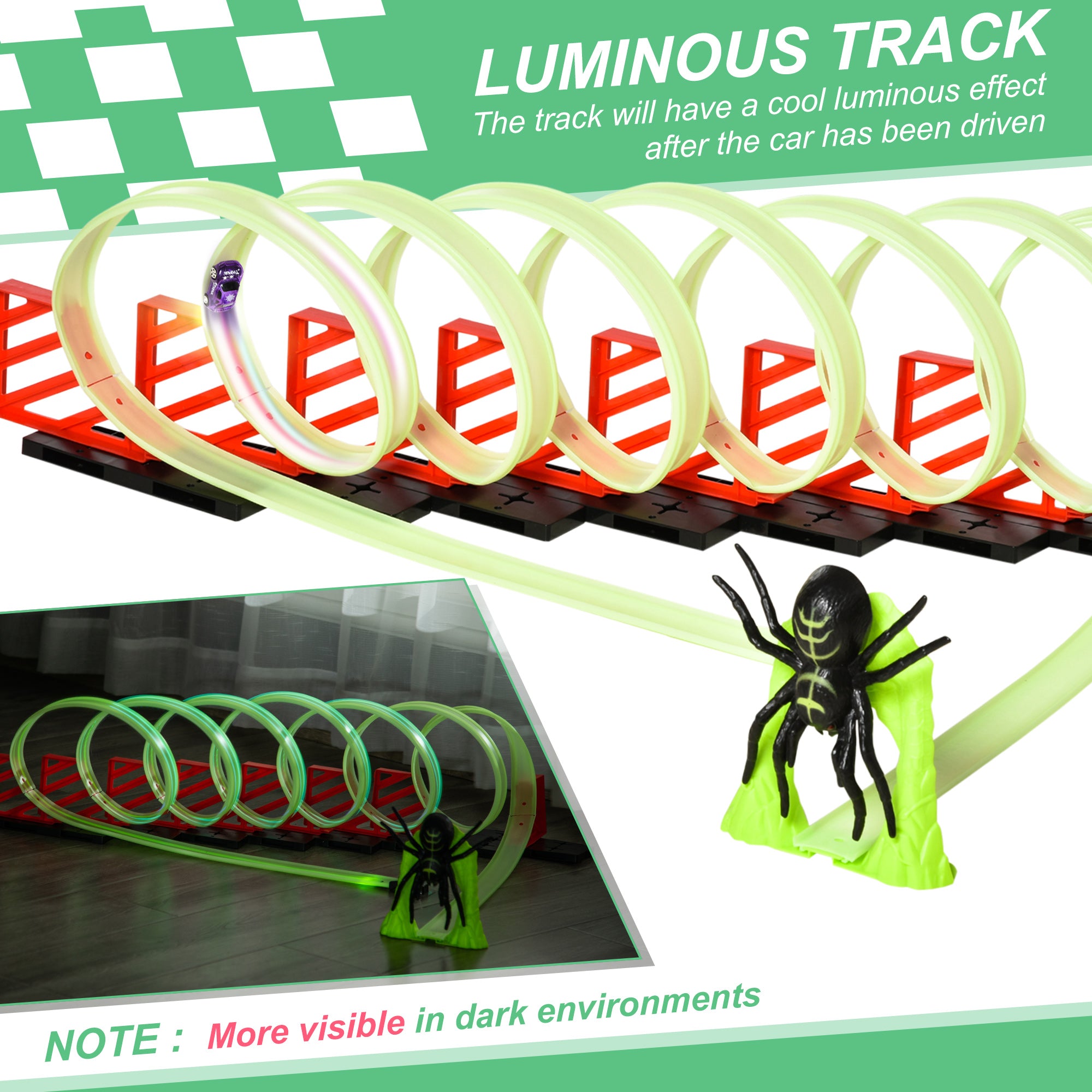 Track Builder Loop Kit Criss-Cross Glowing Race Track Toy Set Spooky Spider Fun Starter Kit, for Kids 3-6, Lime Green