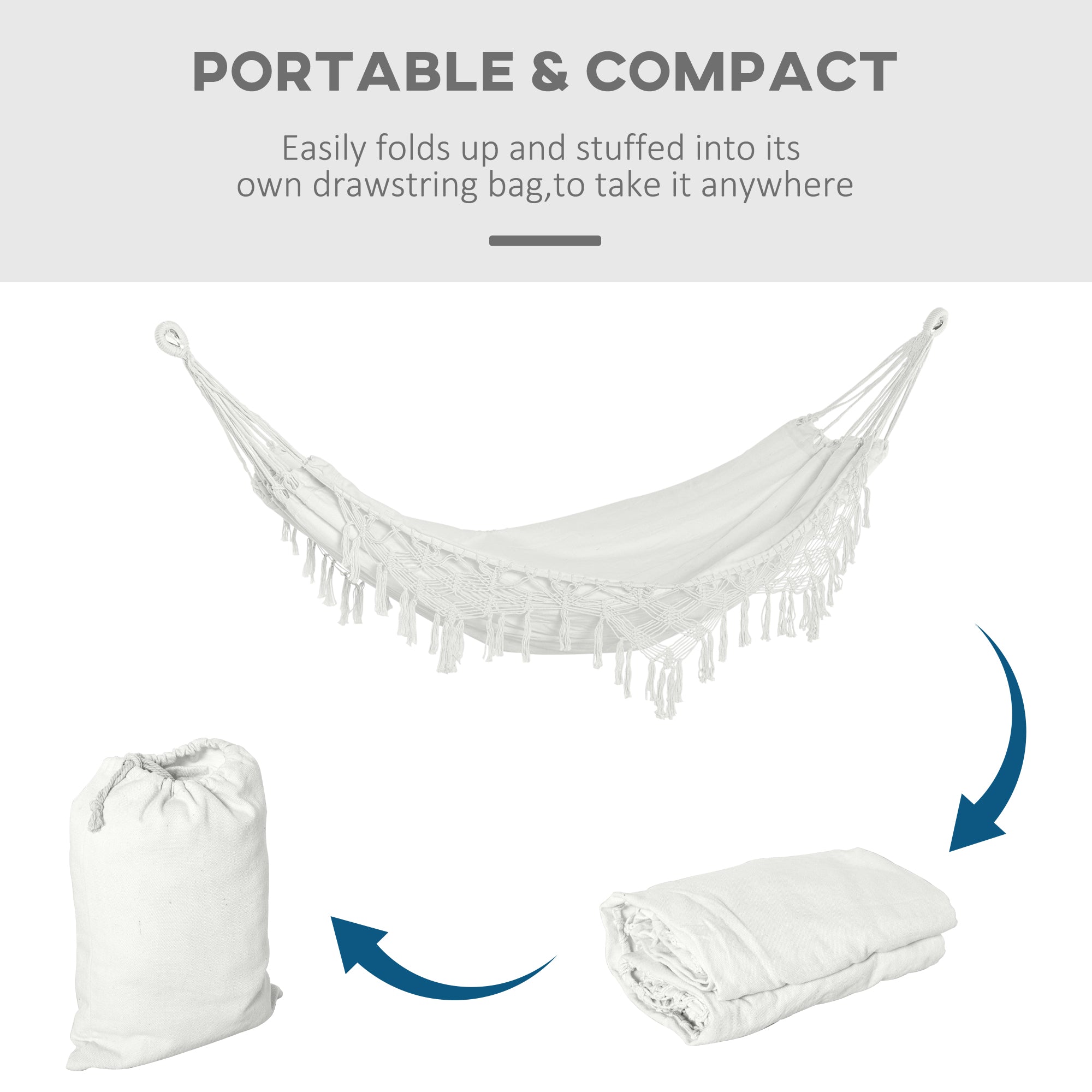 Extra Large Boho Hammock with Macrame Tassel Fringe, Includes Carrying Bag, Indoor Outdoor Tree Hammock, White