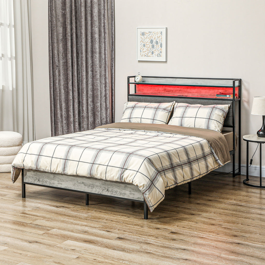 Full Bed Frame with Storage Upholstered Headboard, Full Size Bed Frame with LED Lights, Charging Station, Cement Gray