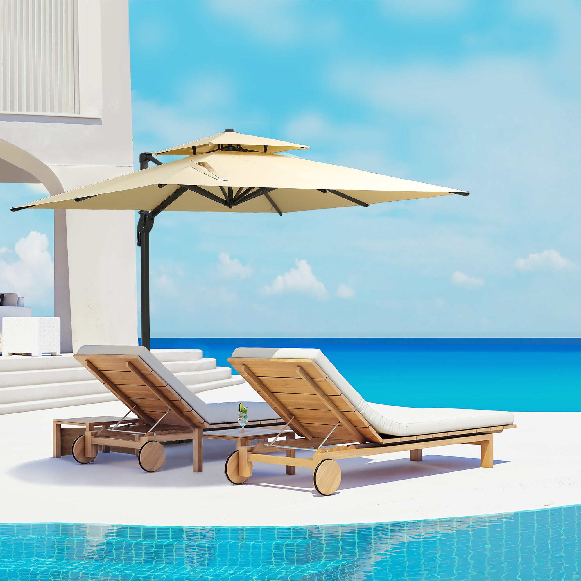 10ft Offset Patio Umbrella, Hanging Cantilever Umbrella, Square Shape, Aluminum Cross Base, Tilt, 360-Degree Rotation, Beige