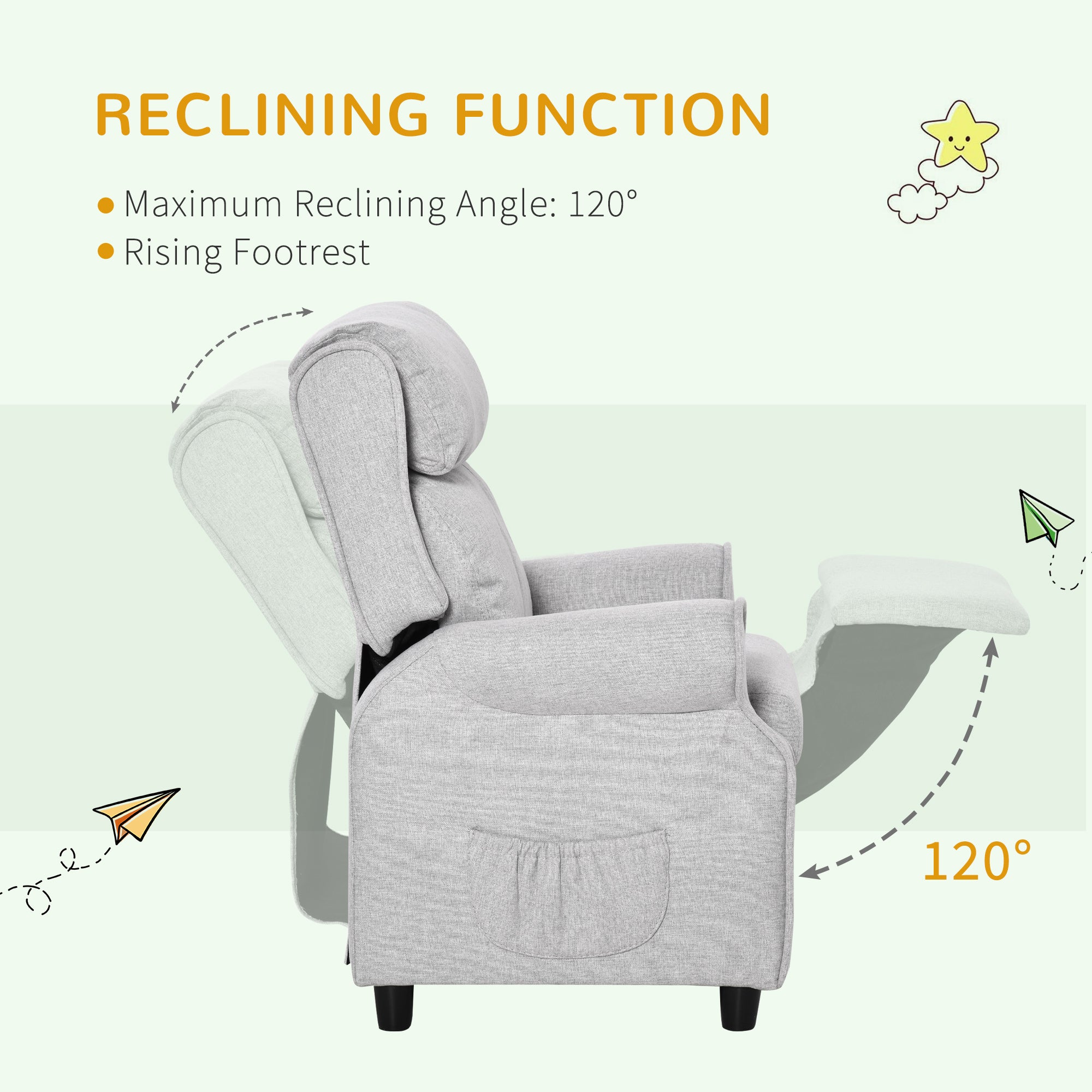 Kids Recliner Chair Children Sofa Angle Adjustable Single Lounger Armchair Gaming Chair with Footrest 2 Side Pockets for 3-5 Years, Light Grey