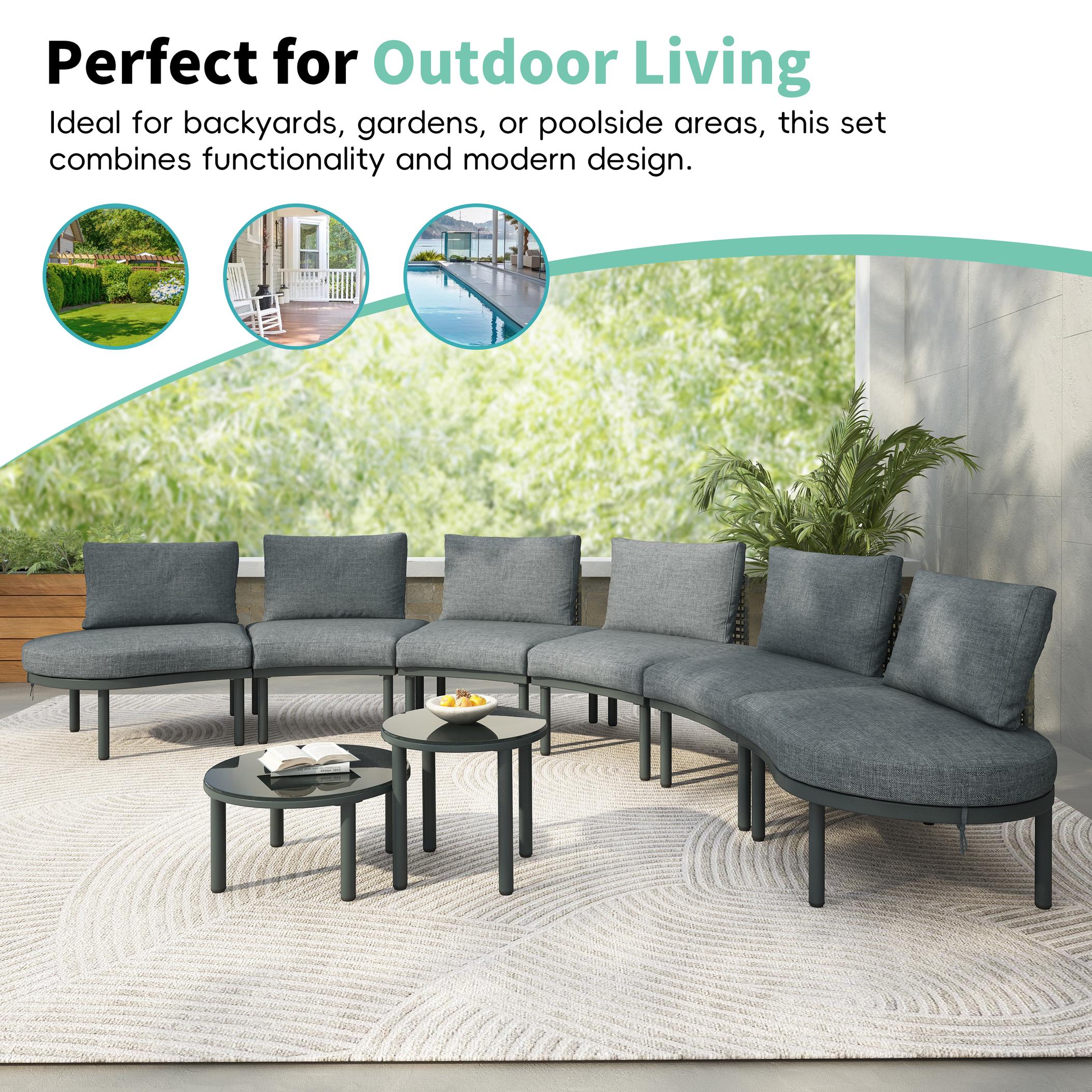 8-Piece Half Moon Sectional Sofa with 2 Coffee Table & Cushion, PE Wicker Patio Furniture for Backyard, 34.5'' L x 25.5'' W x 12.5'' H, Gray