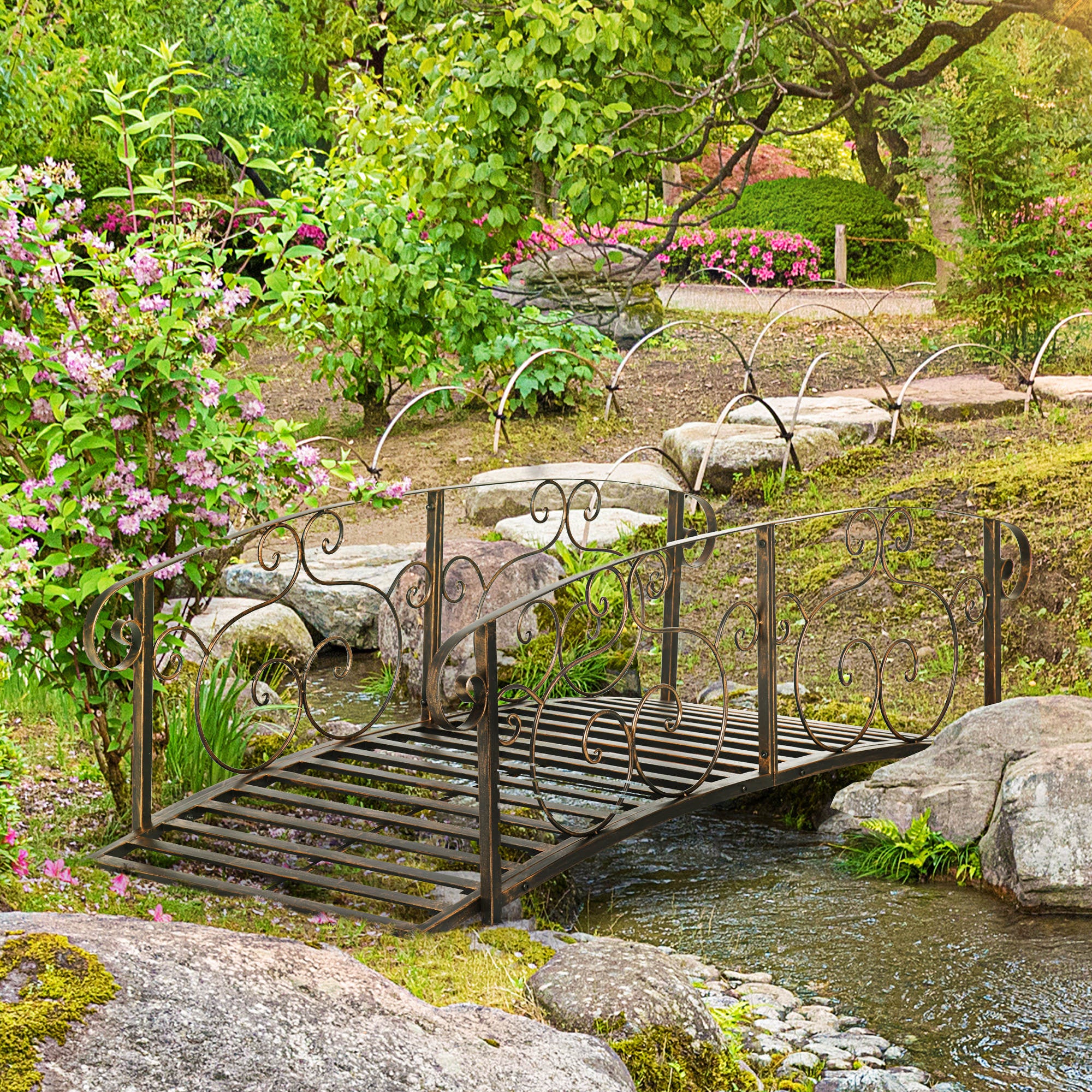 6' Metal Arch Backyard Garden Bridge, Safety Siderails, Arc Footbridge for Backyard Creek, Stream, Pond, Bronze