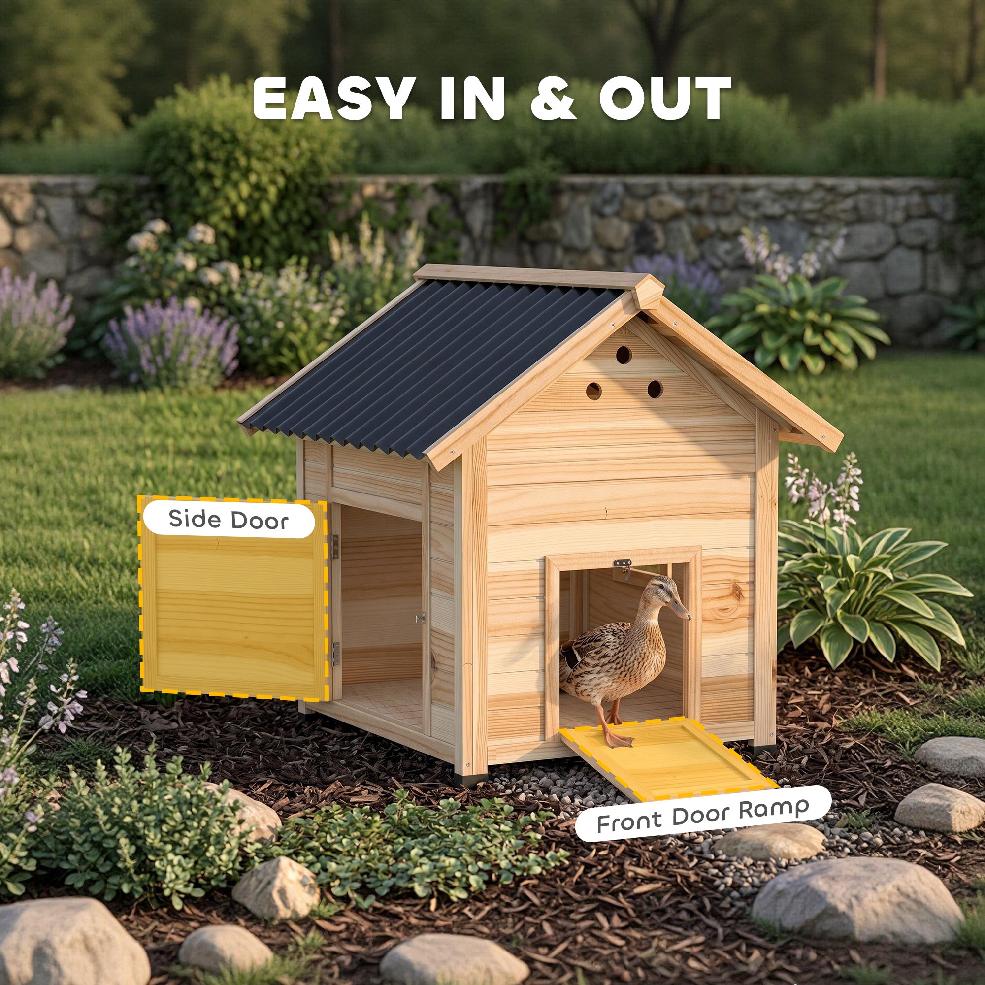 Duck Coop, Wooden Duck House with Openable Roof & Double Doors, Natural Wood