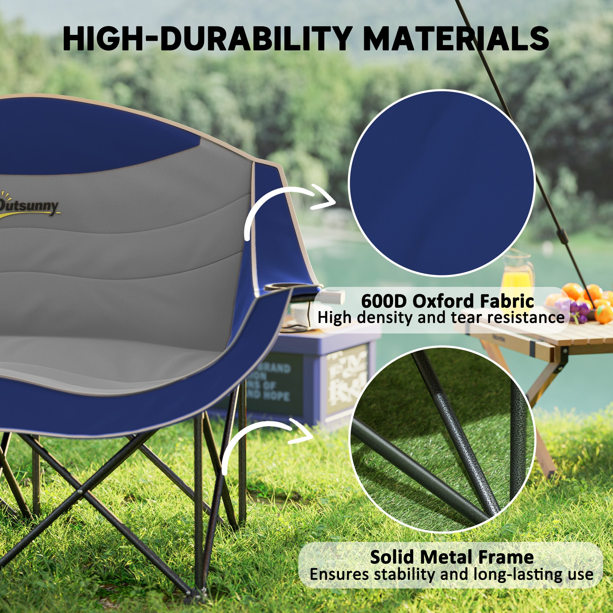 Padded Folding Camp Chair for Adults, Double Camping Chair with Armrests, Cup Holders, Carry Bag for Outdoor, Blue