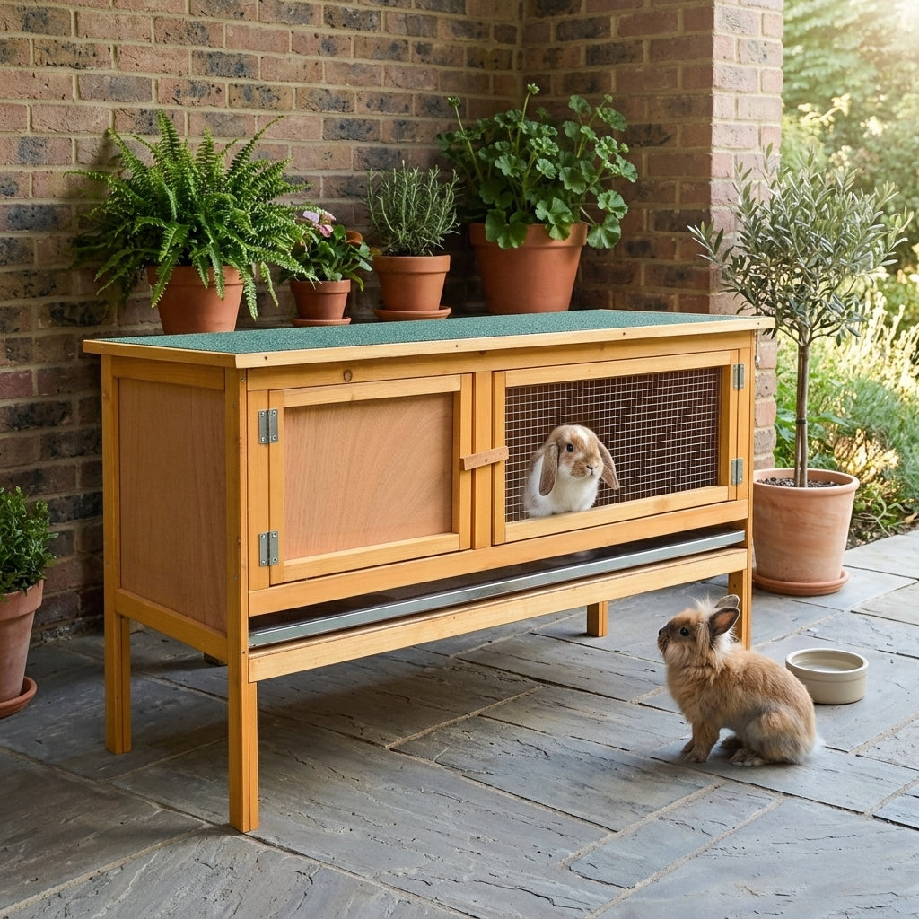 Wooden Rabbit Hutch Bunny Cage with Openable Waterproof Roof, No Leak Tray Solid Fir Wood Build for Rabbits, Chickens, Ducks, Indoor/Outdoor