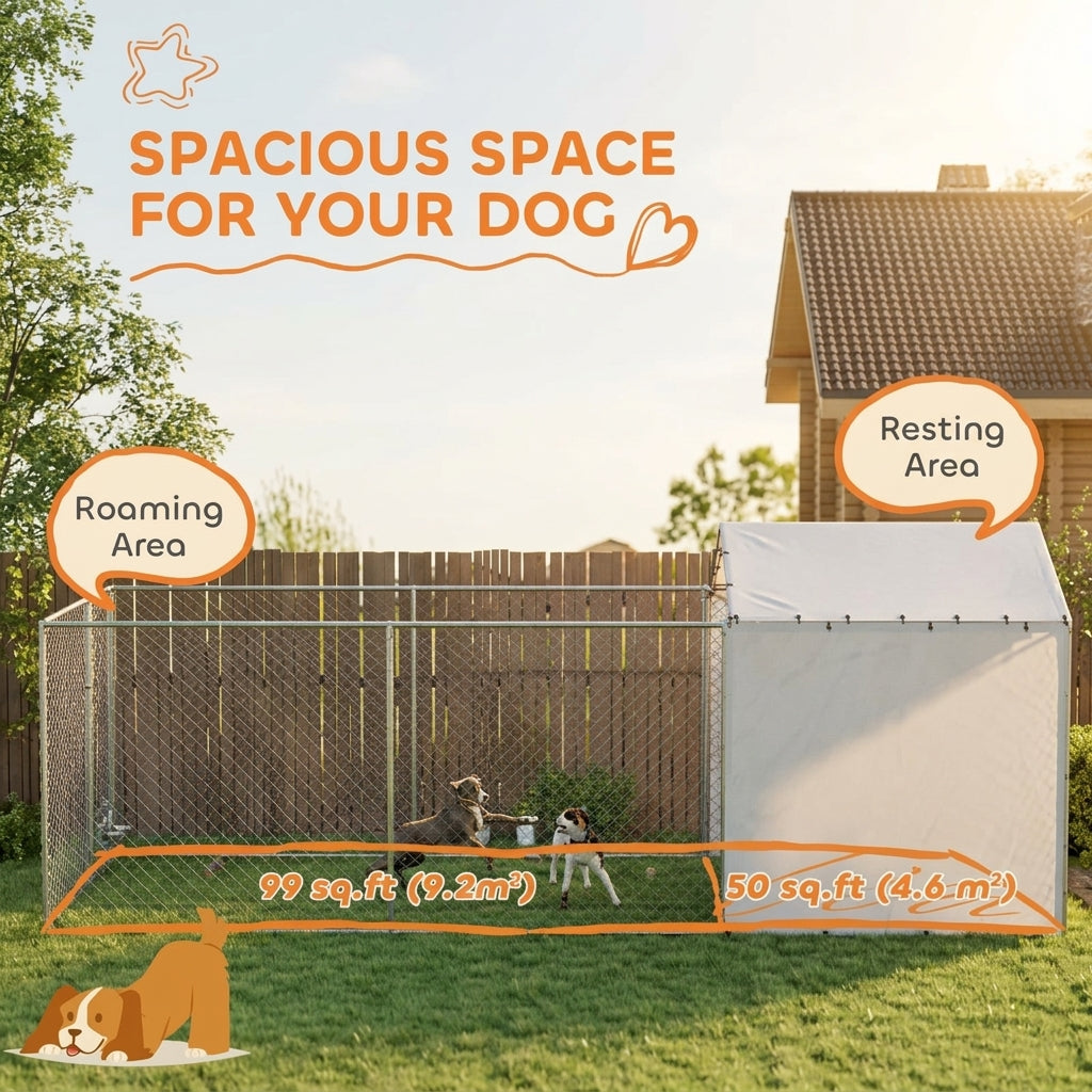 Galvanized Chain Link Large Outdoor Dog Kennel with Waterproof & UV-Resistant Cover, for M&L Dogs, 19.7' x 7.5' x 7.5'