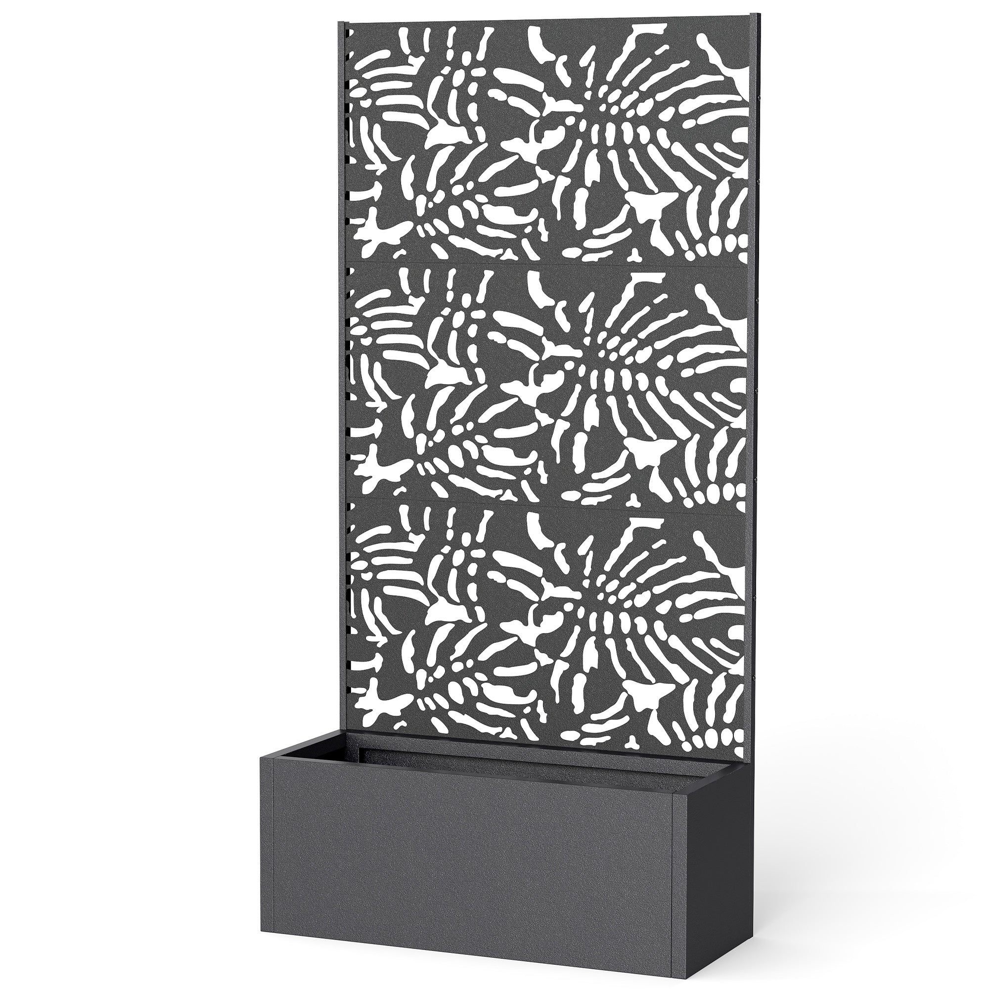 Metal Planter Box with Trellis, 71" Tall Raised Garden Bed with Privacy Screen and Drainage Holes, Banana-Leaf Cut-Outs