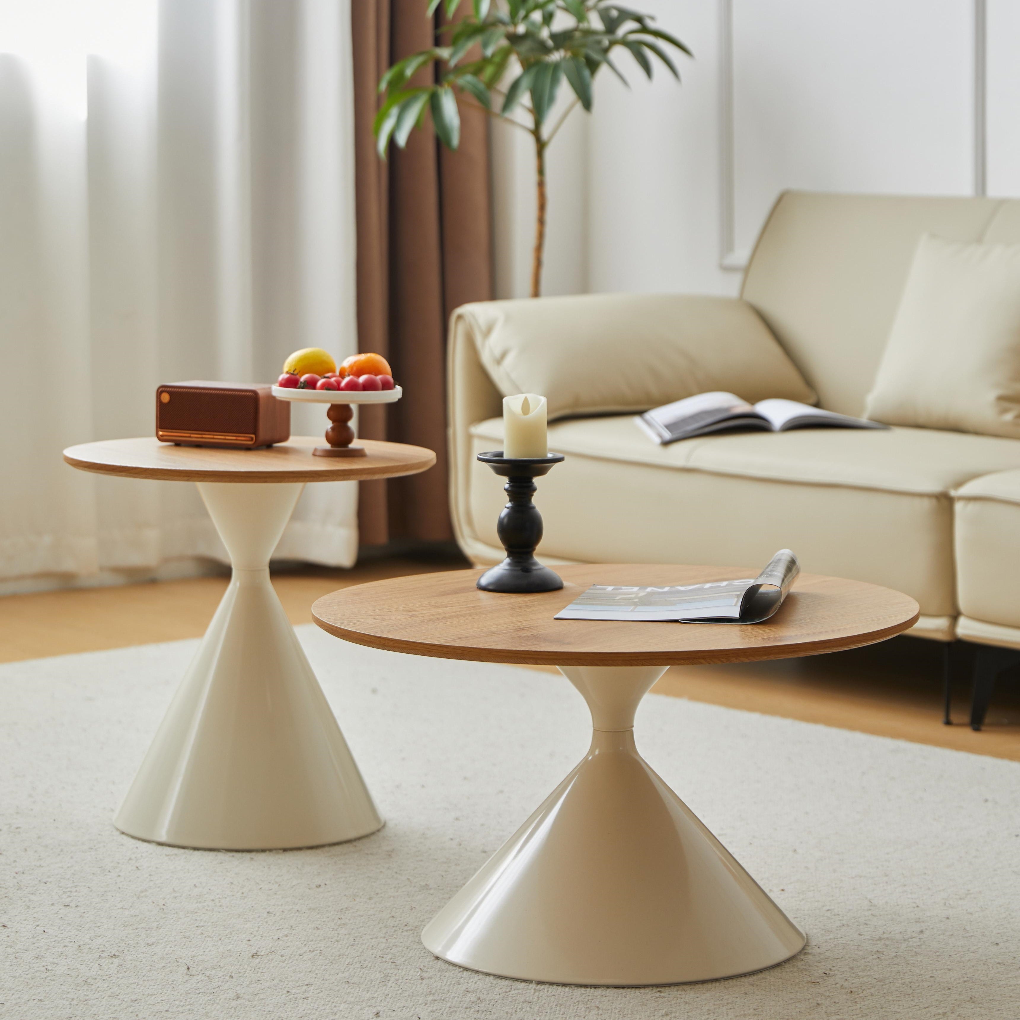 2-Piece Round Nesting Coffee Table Set with Curved Inset Edges, Tea Table Set with MDF Tops, 27.5" L x 27.5" W x 16" H, Brown+White