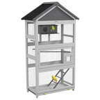 Wooden Bird Aviary with Slide-Out Tray, Birdhouse, Ladder, Perches for Finches, Parakeets, Gray