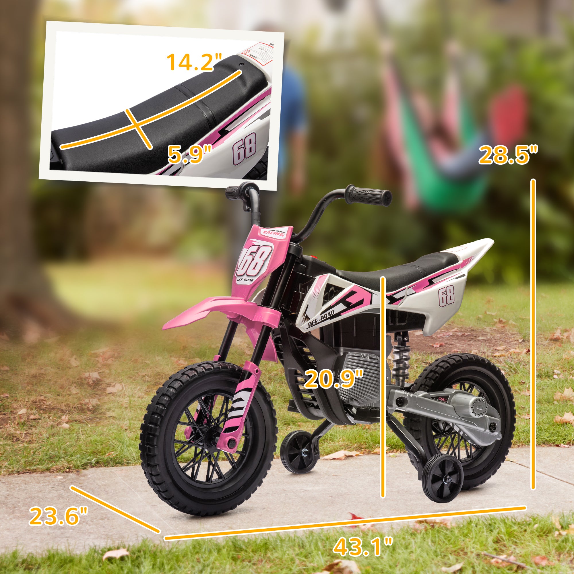 12V Kids Electric Motorcycle w/ Twist Grip Throttle, Training Wheels, Rear Suspension & Music, Pink