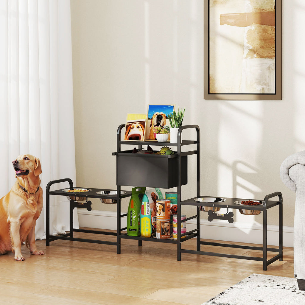 3 Height Adjustable Dog Bowl Stand with 2 Feeding Stations, Toy Bin Basket, Black