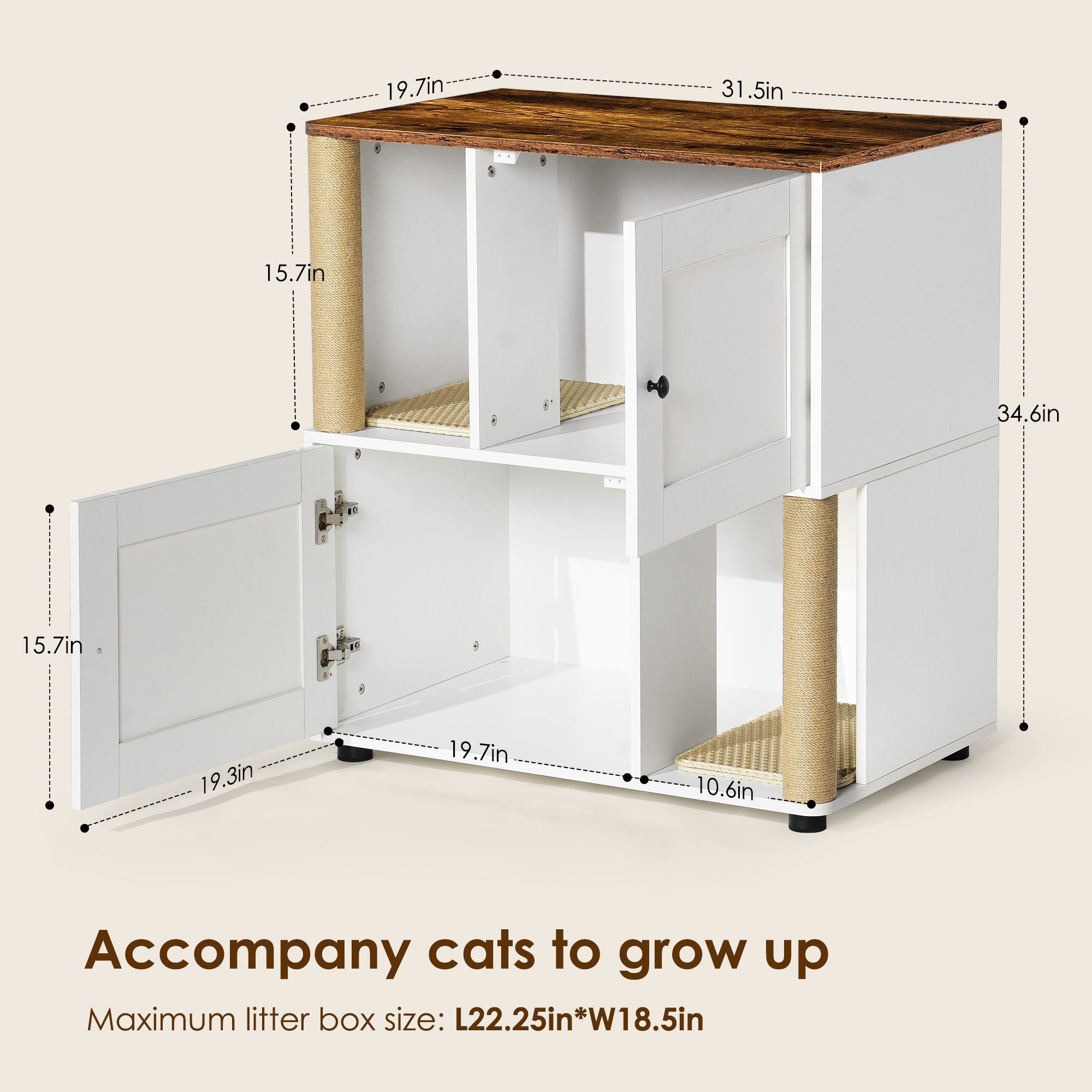 Double Cat Litter Box Enclosure with Shelves and Particle Board, Cat Cabinet Fits Most Litter Boxes, 31.5" L x 20" W x 34.5" H, White+Vintage