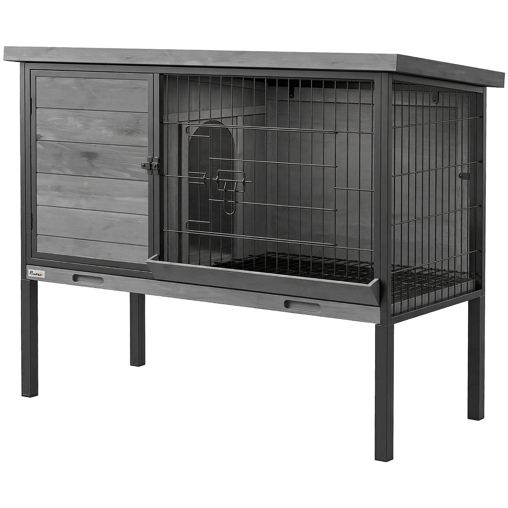 Elevated Rabbit Hutch Outdoor, Wooden Rabbit Cage Bunny House with Pull-out Tray and Openable Plastic Roof